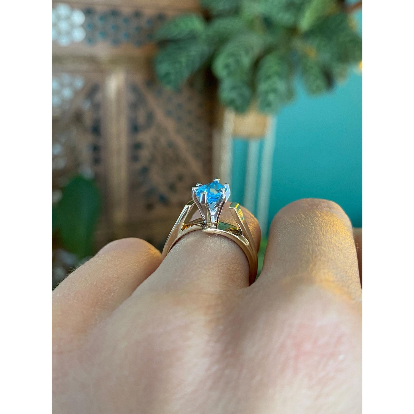 Vintage Solid 10k White & Yellow Gold Marquis Topaz Ring - Size 5