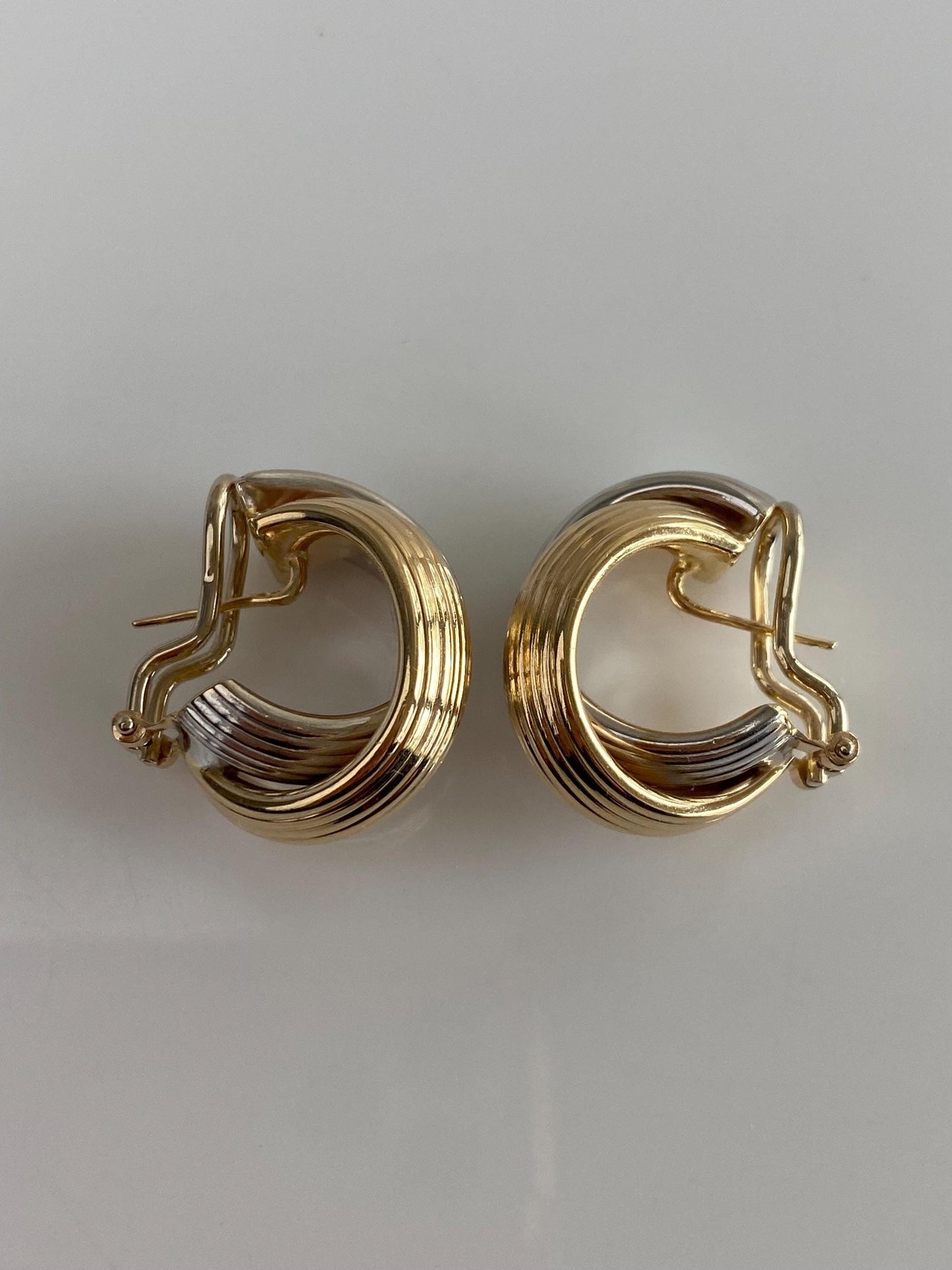Vintage 14k White & Yellow Gold Lined Crossed Design Drop Earrings