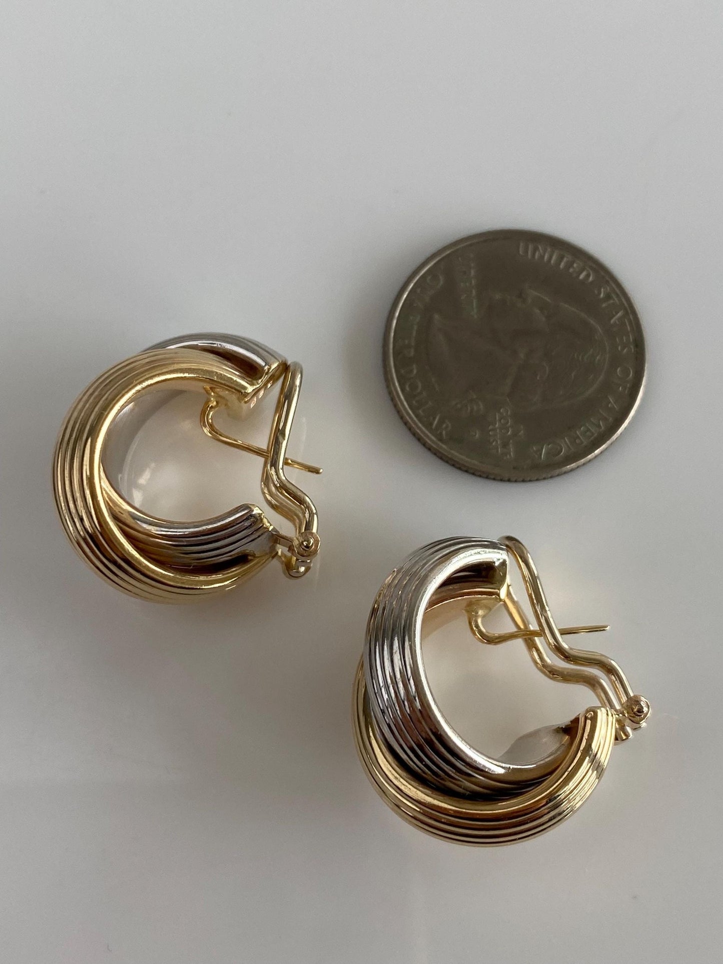 Vintage 14k White & Yellow Gold Lined Crossed Design Drop Earrings