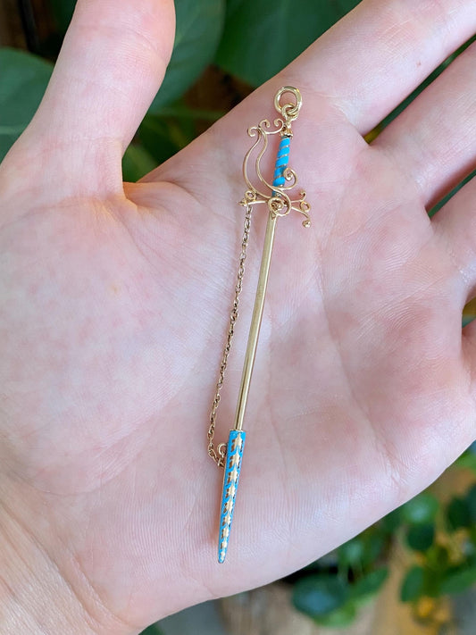 Vintage Solid 14k Yellow Gold Blue Enamel Sword Charm
