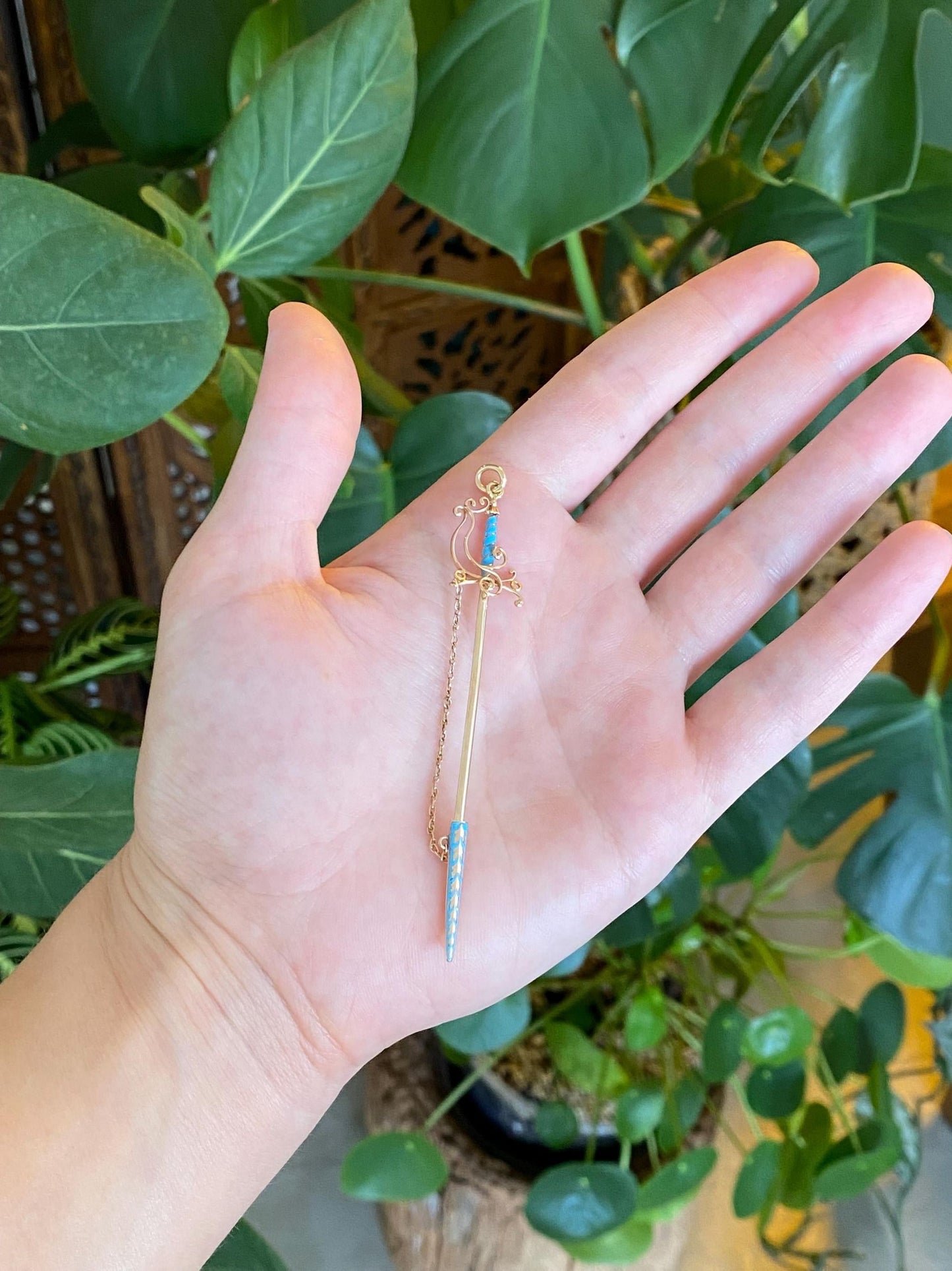 Vintage Solid 14k Yellow Gold Blue Enamel Sword Charm