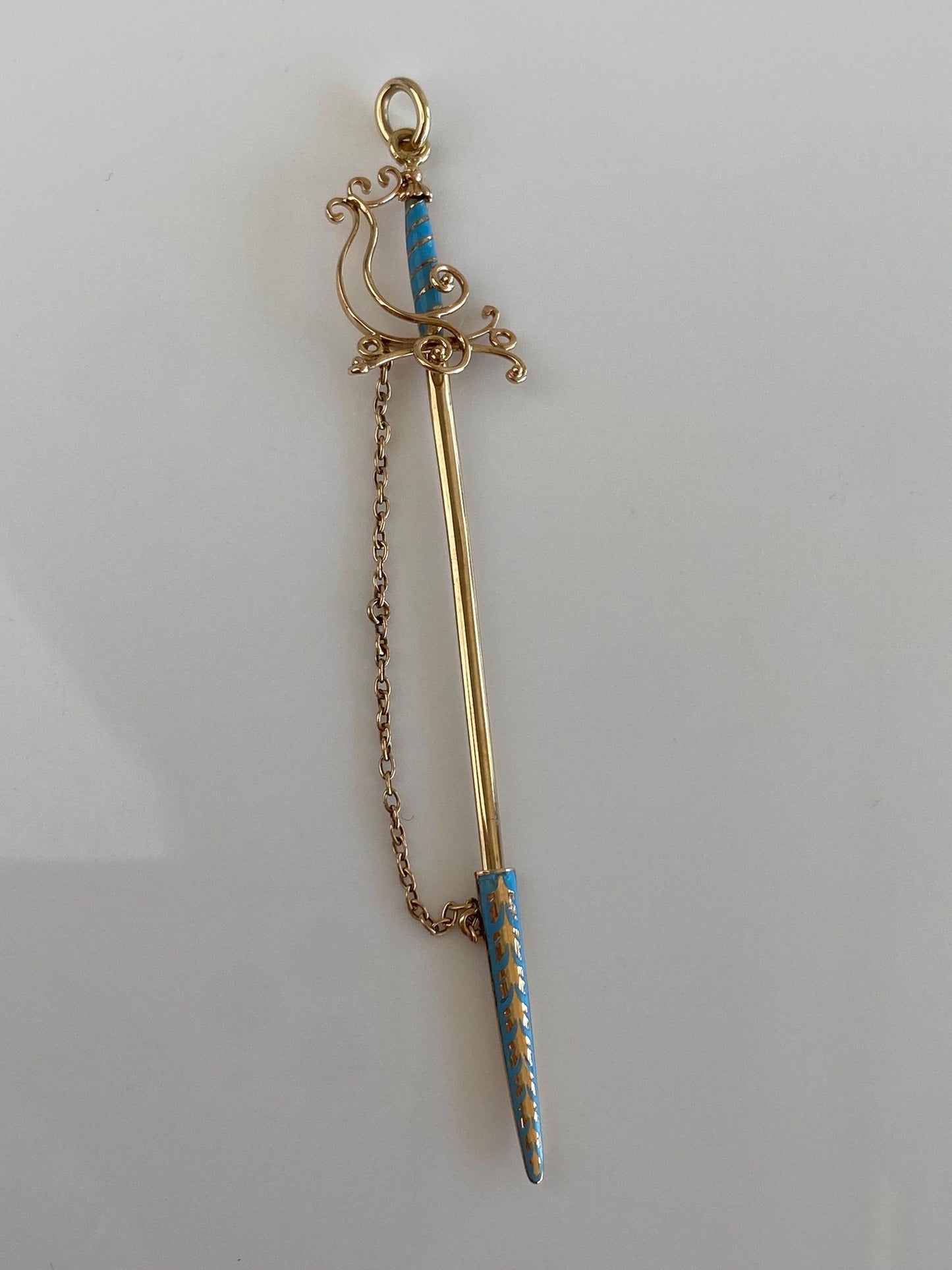 Vintage Solid 14k Yellow Gold Blue Enamel Sword Charm