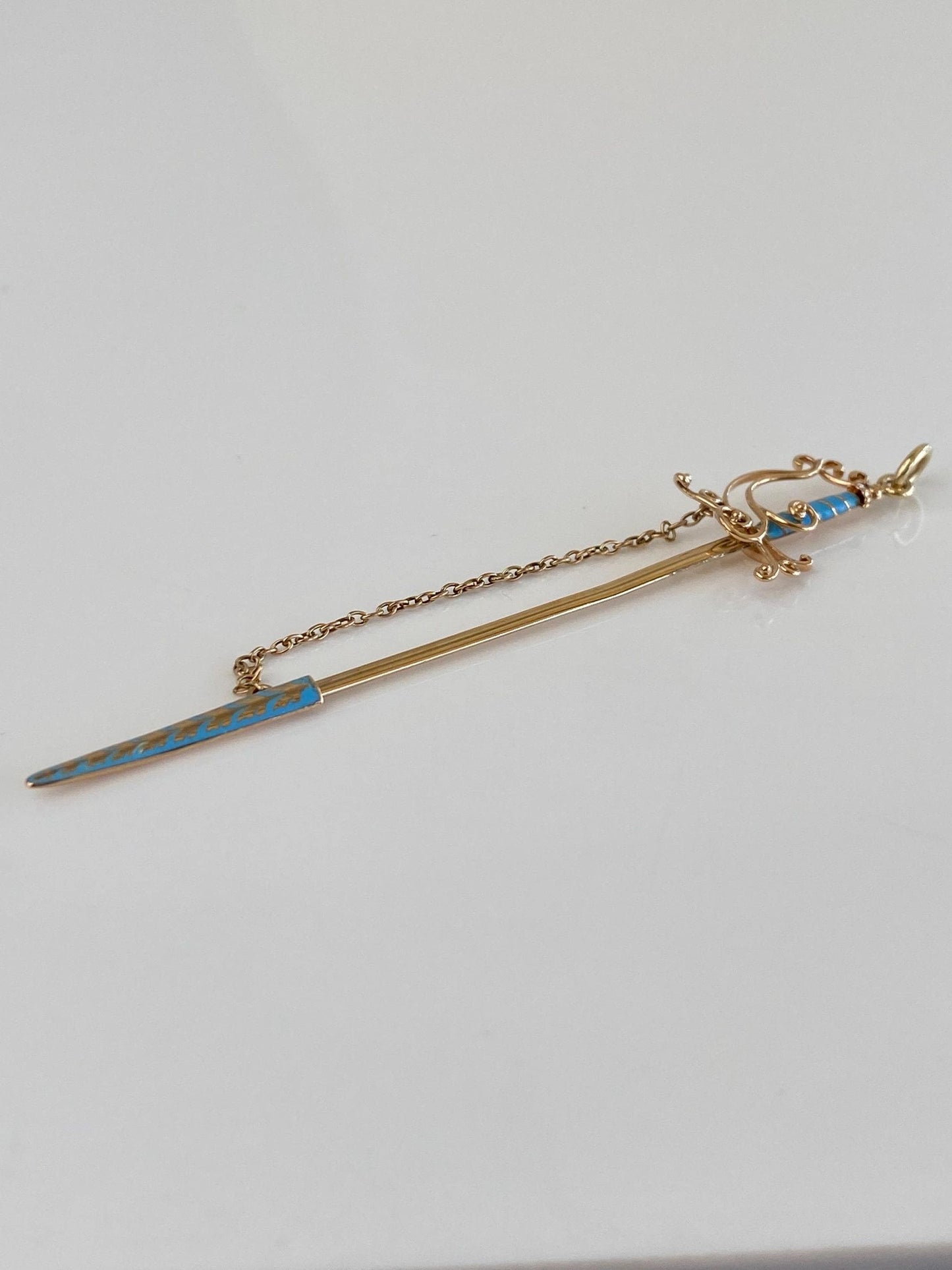 Vintage Solid 14k Yellow Gold Blue Enamel Sword Charm