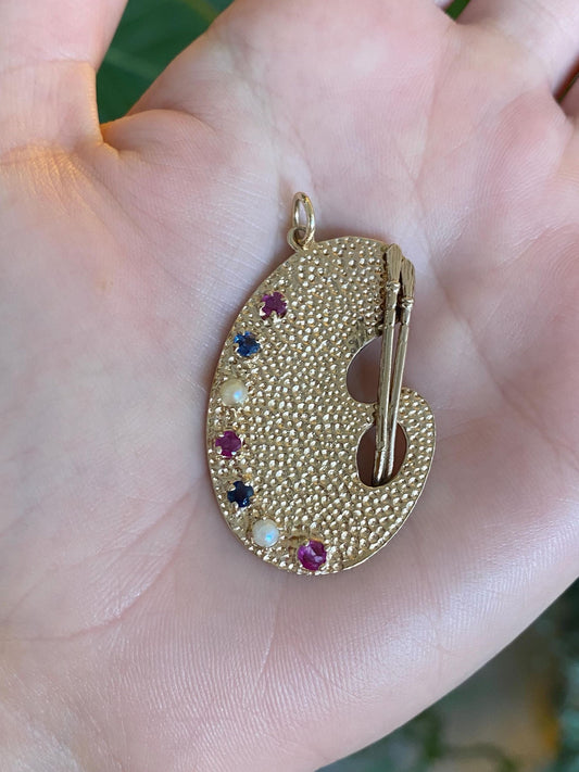 Vintage Solid 14k Yellow Gold Pink & Blue Sapphire Pearls Artist Pallet Charm