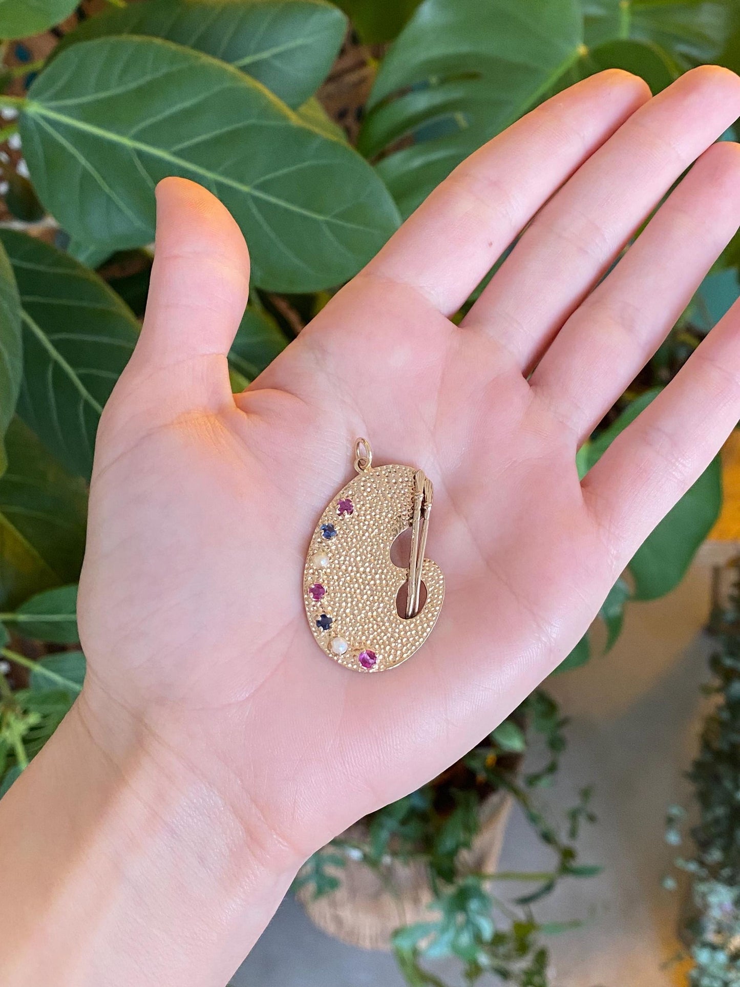 Vintage Solid 14k Yellow Gold Pink & Blue Sapphire Pearls Artist Pallet Charm