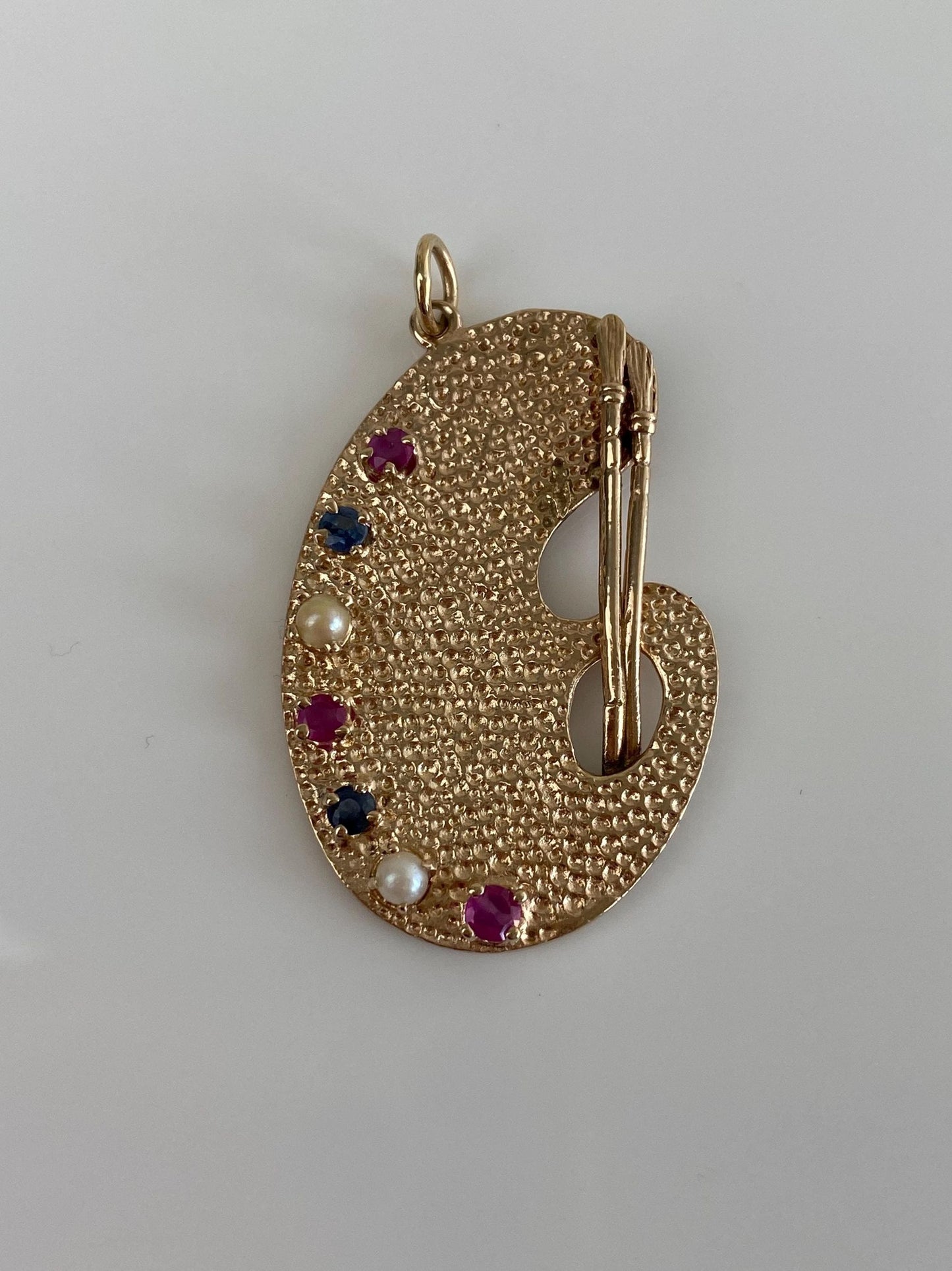 Vintage Solid 14k Yellow Gold Pink & Blue Sapphire Pearls Artist Pallet Charm