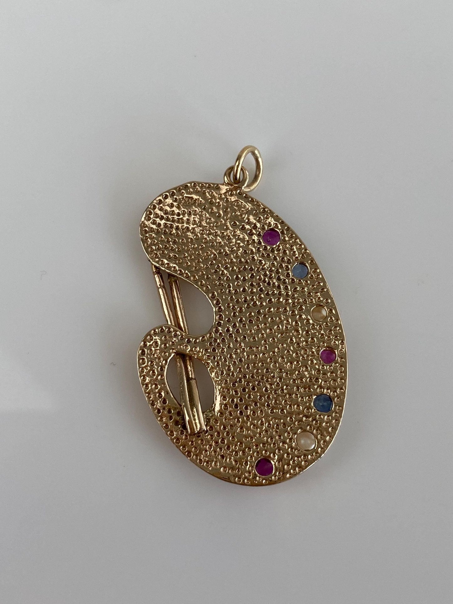 Vintage Solid 14k Yellow Gold Pink & Blue Sapphire Pearls Artist Pallet Charm