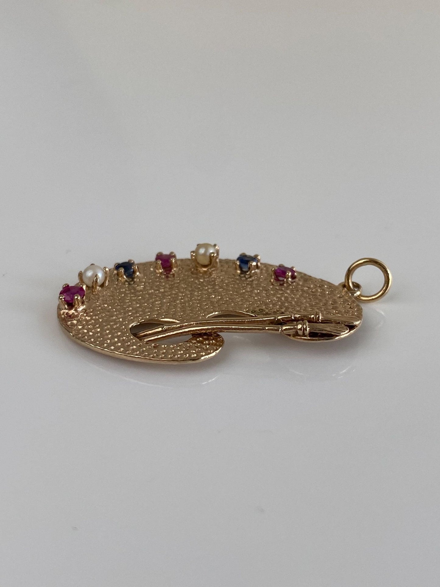 Vintage Solid 14k Yellow Gold Pink & Blue Sapphire Pearls Artist Pallet Charm