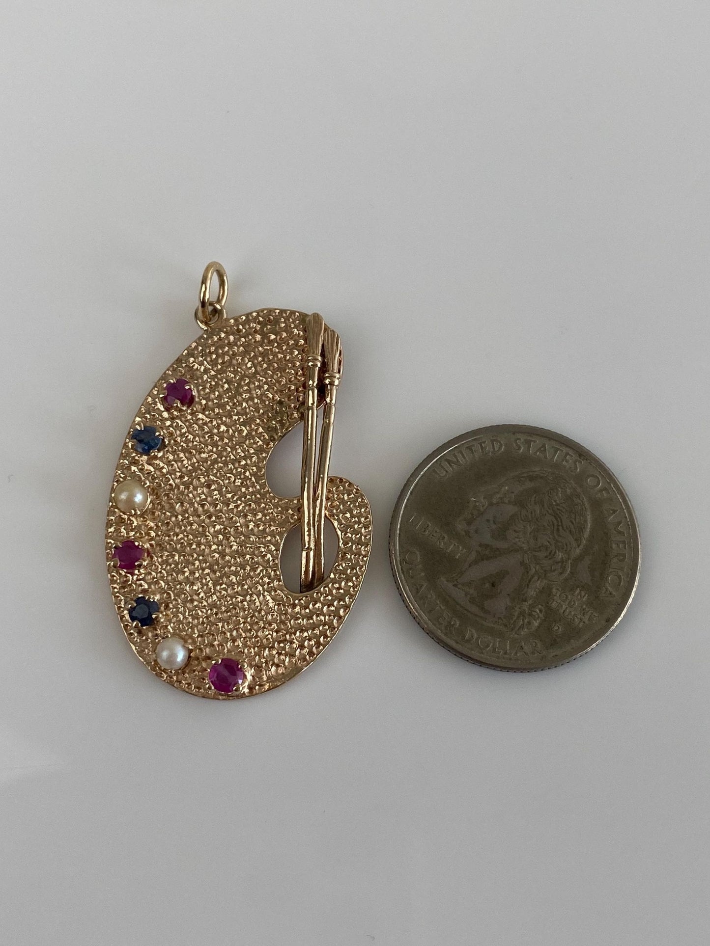 Vintage Solid 14k Yellow Gold Pink & Blue Sapphire Pearls Artist Pallet Charm