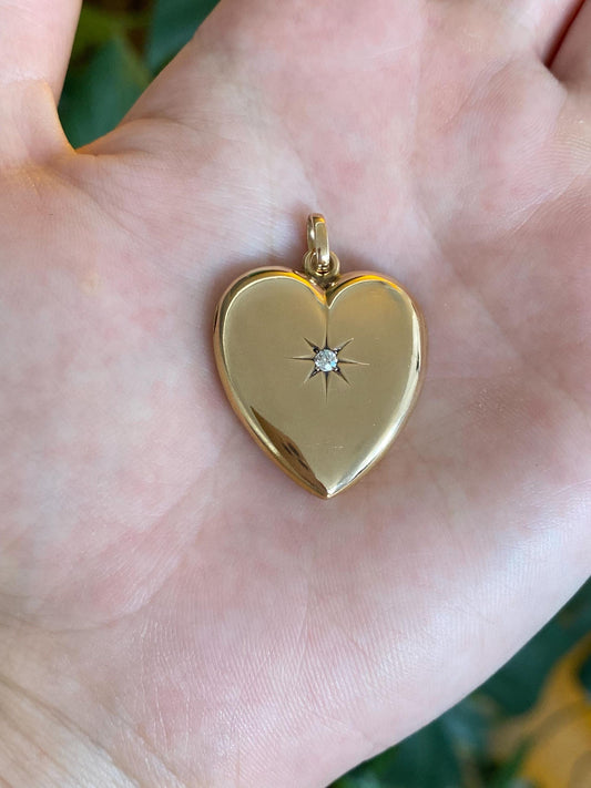 Vintage Solid 10k Rosey Gold Star Set Diamond Heart Locket Charm