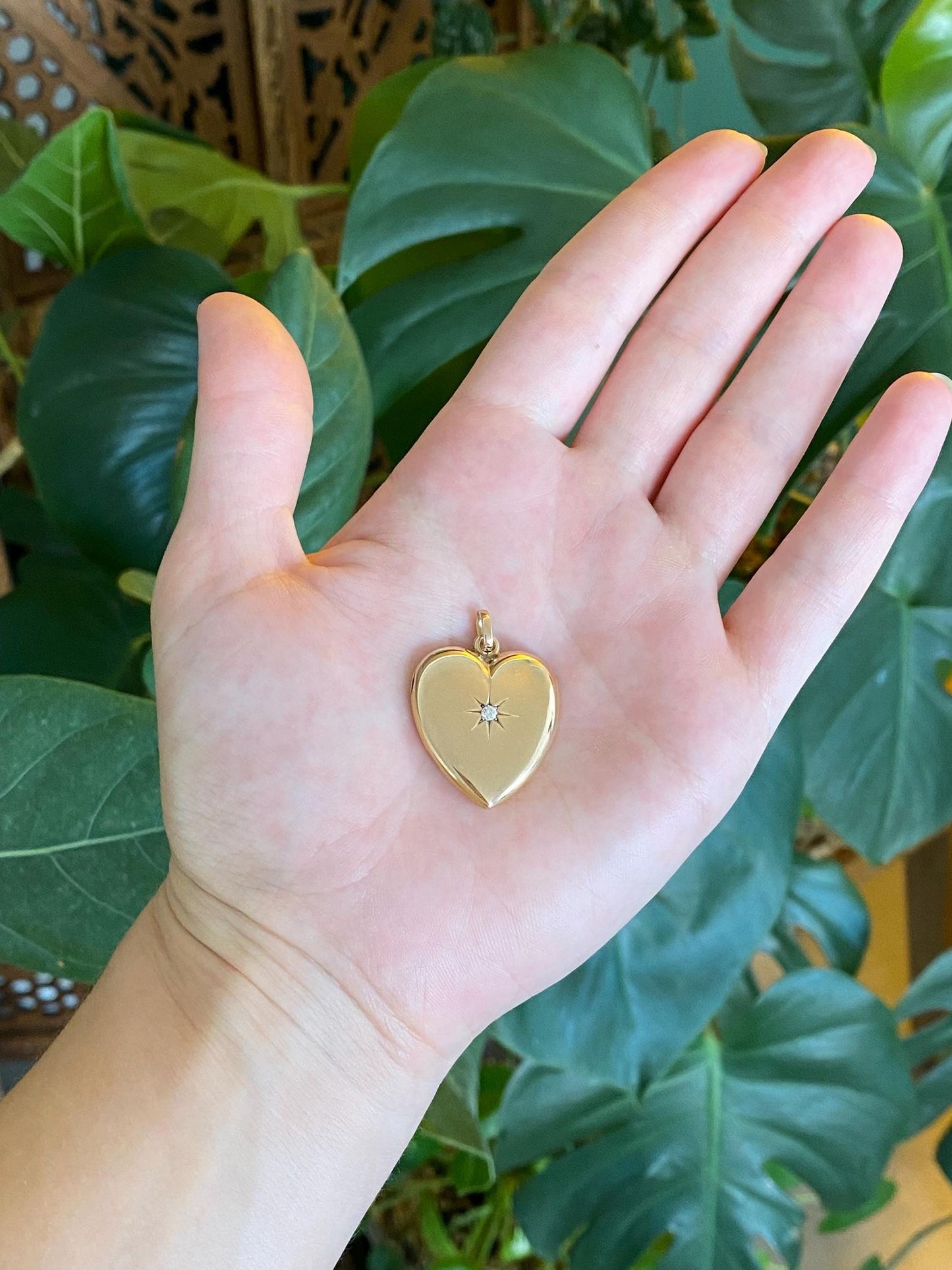 Vintage Solid 10k Rosey Gold Star Set Diamond Heart Locket Charm