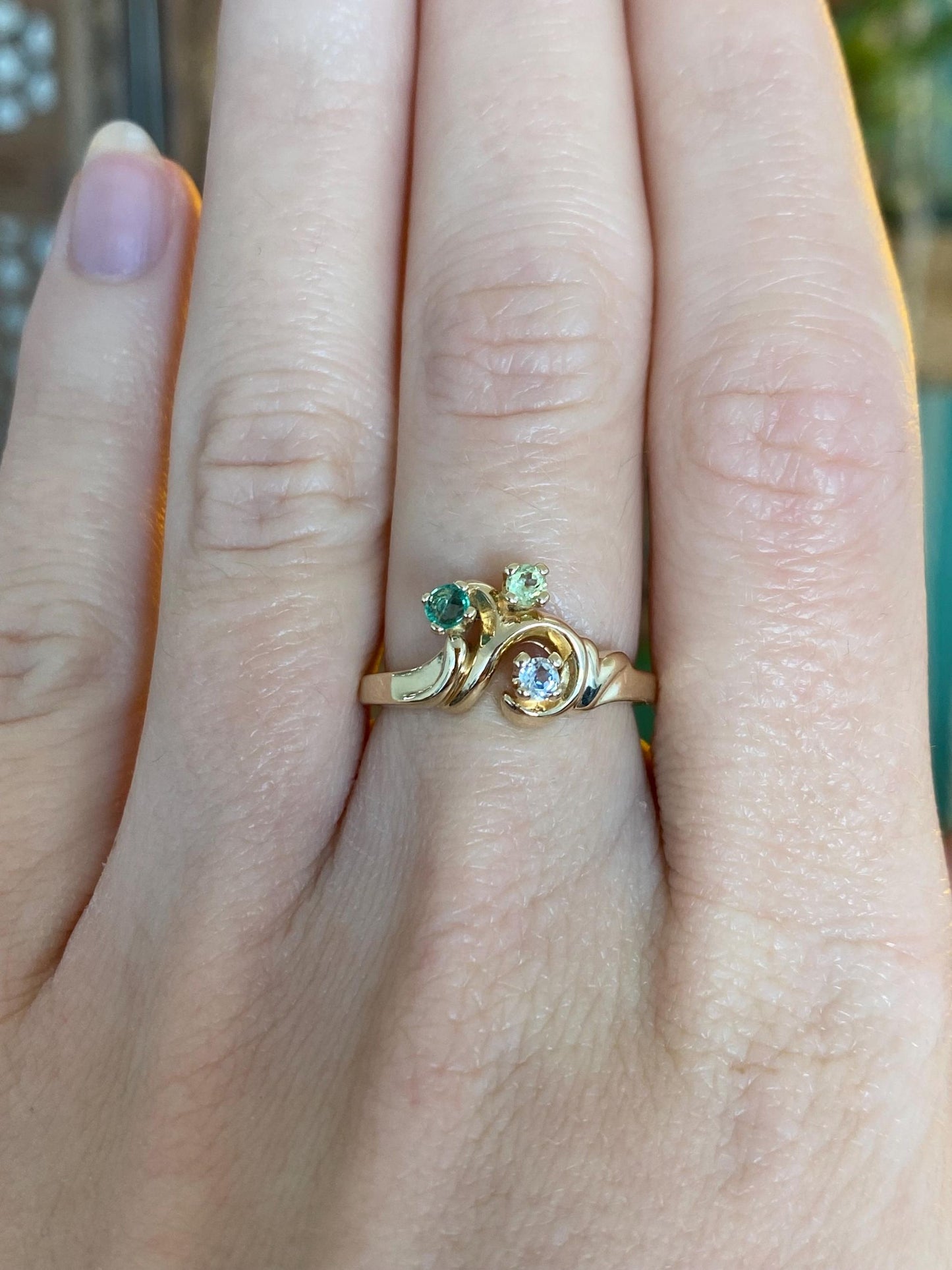 Vintage Solid 14k Yellow Gold Clear Lemon Quartz & Emerald Ring - Size 6