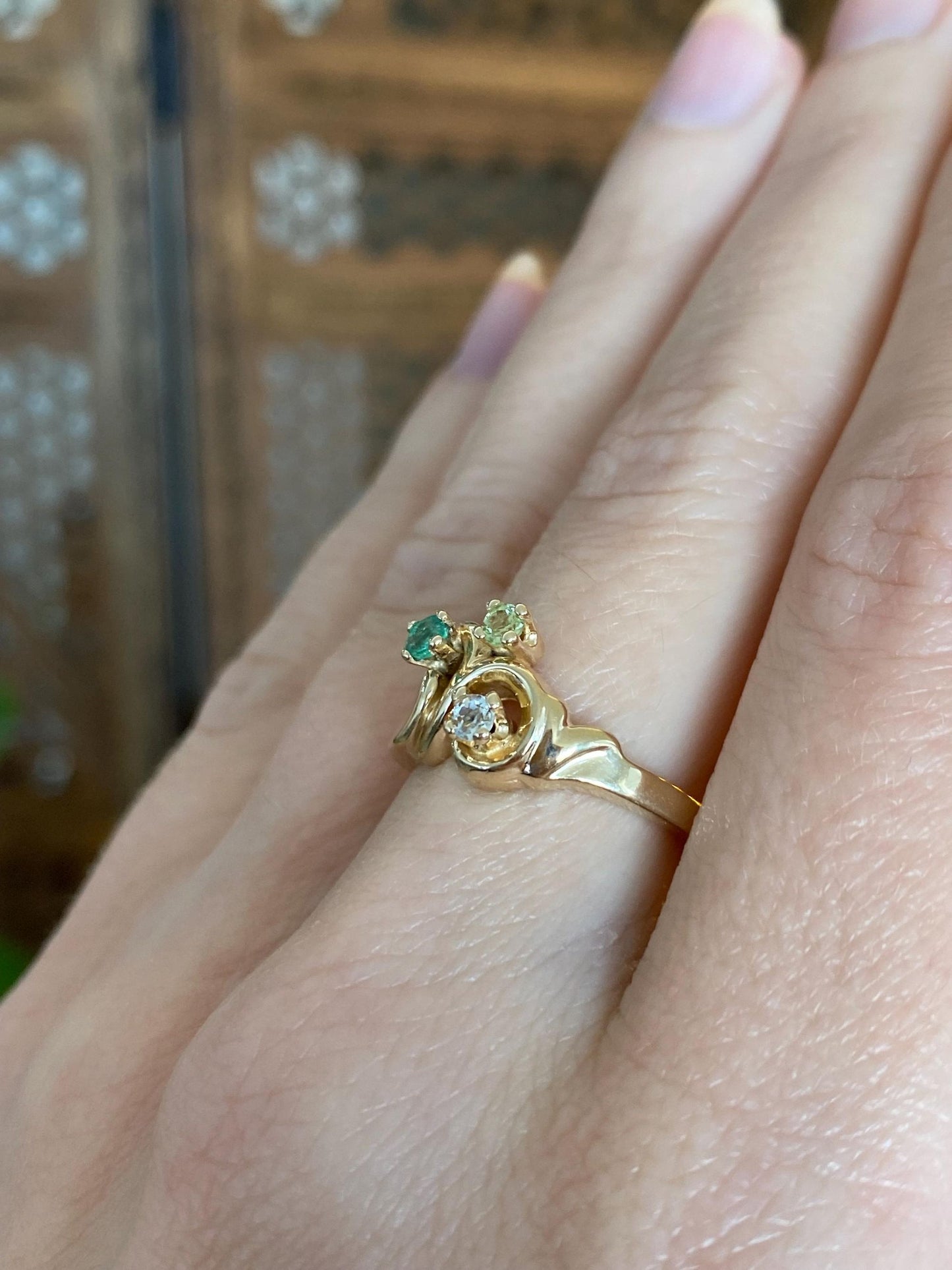 Vintage Solid 14k Yellow Gold Clear Lemon Quartz & Emerald Ring - Size 6