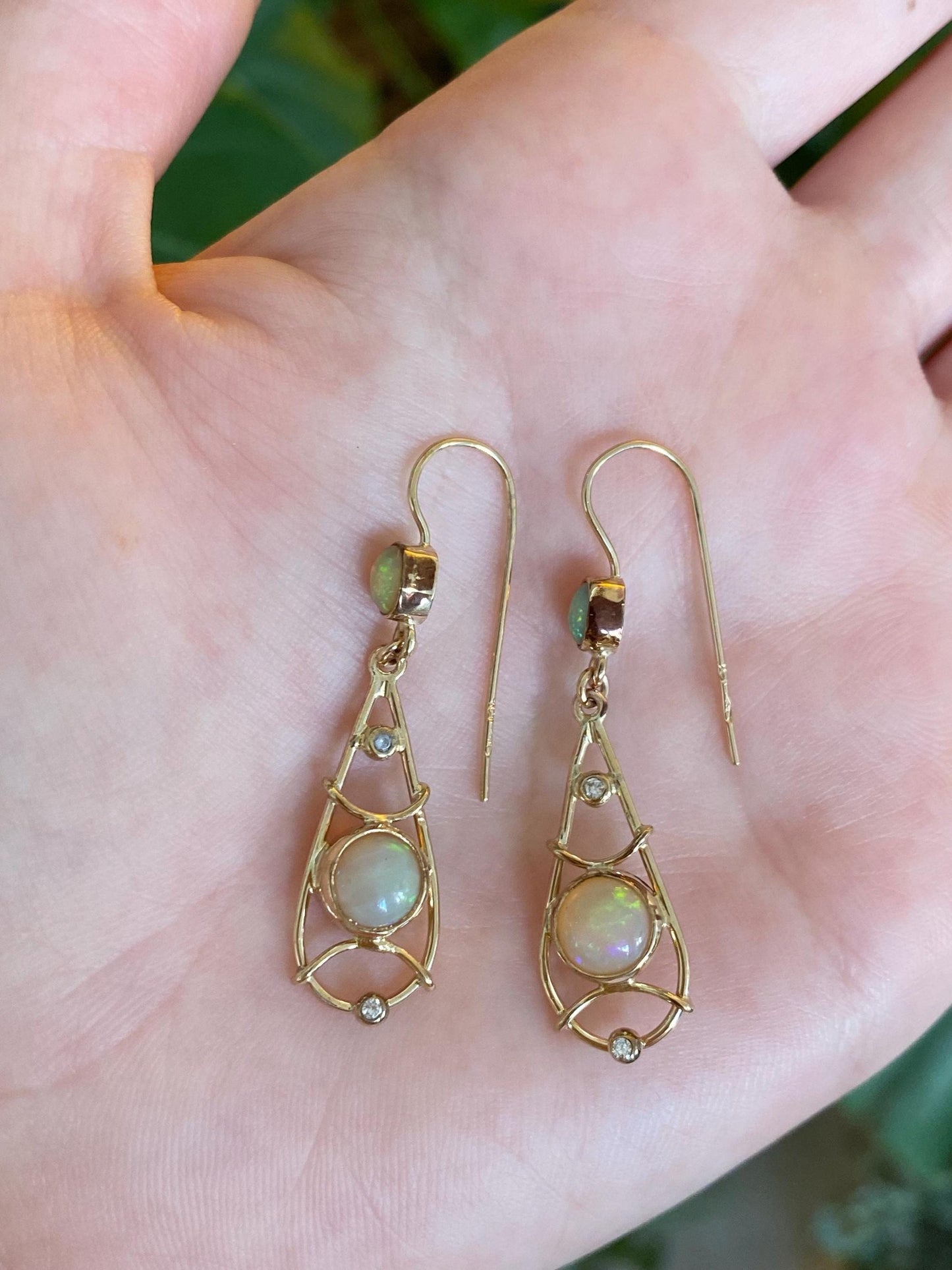 Vintage Solid 9k Yellow Gold Opal Diamond Dangle Earrings