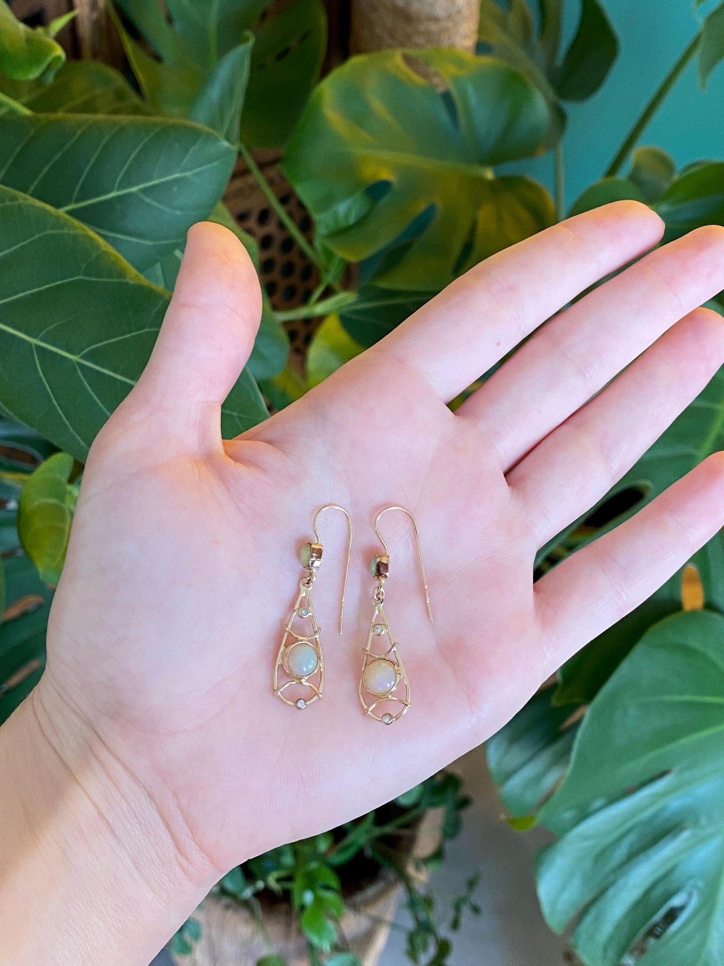 Vintage Solid 9k Yellow Gold Opal Diamond Dangle Earrings