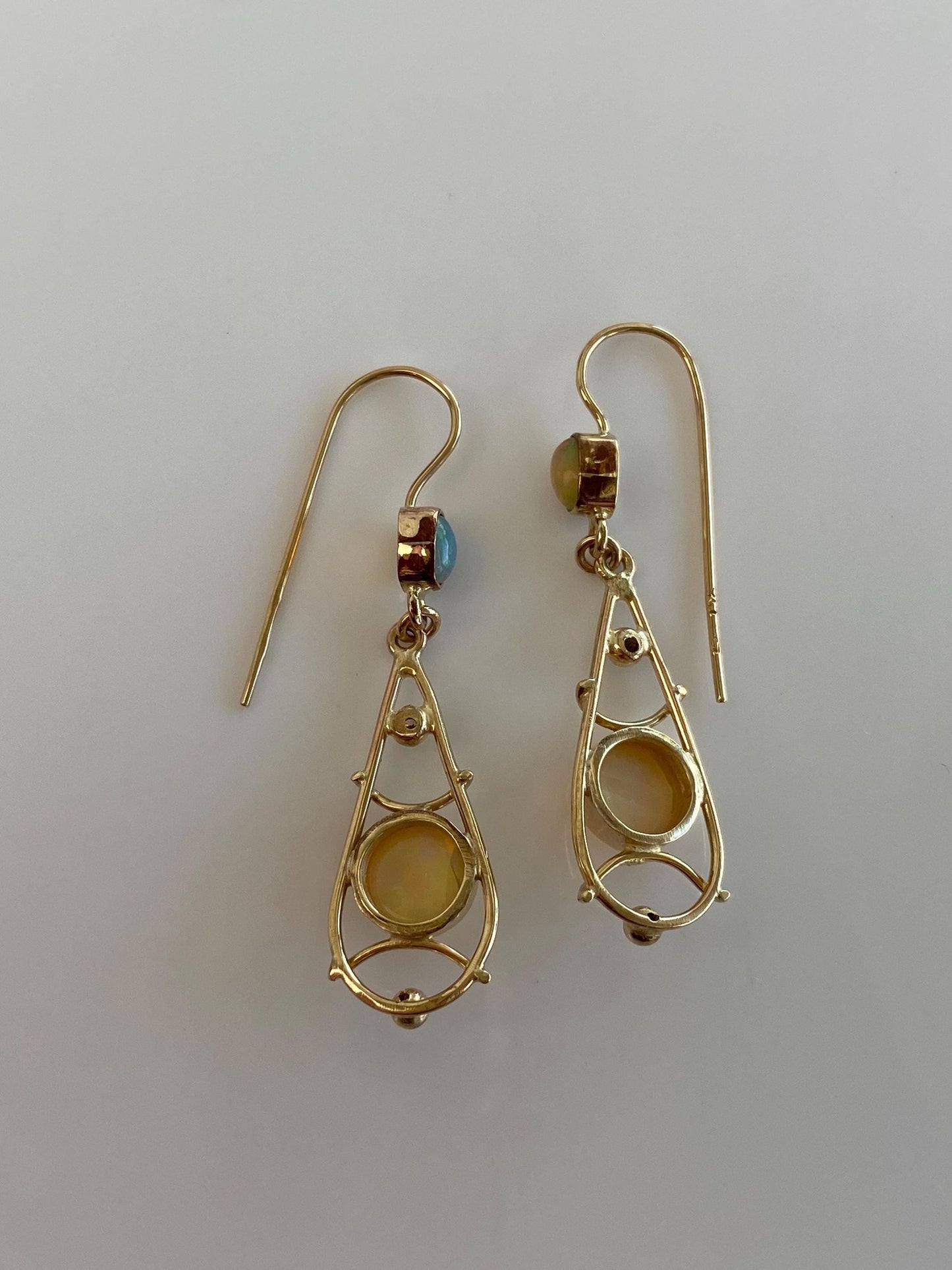 Vintage Solid 9k Yellow Gold Opal Diamond Dangle Earrings
