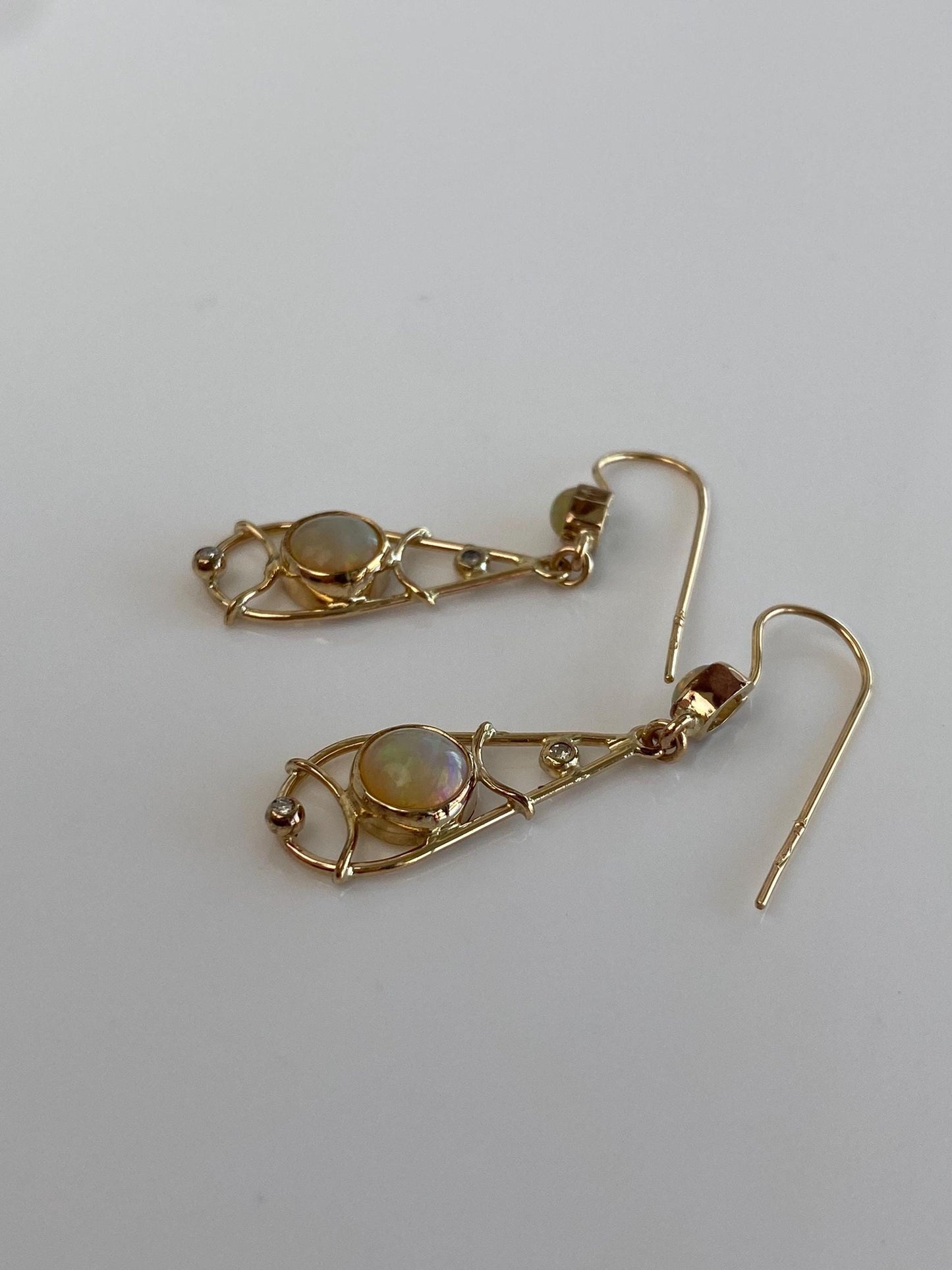Vintage Solid 9k Yellow Gold Opal Diamond Dangle Earrings