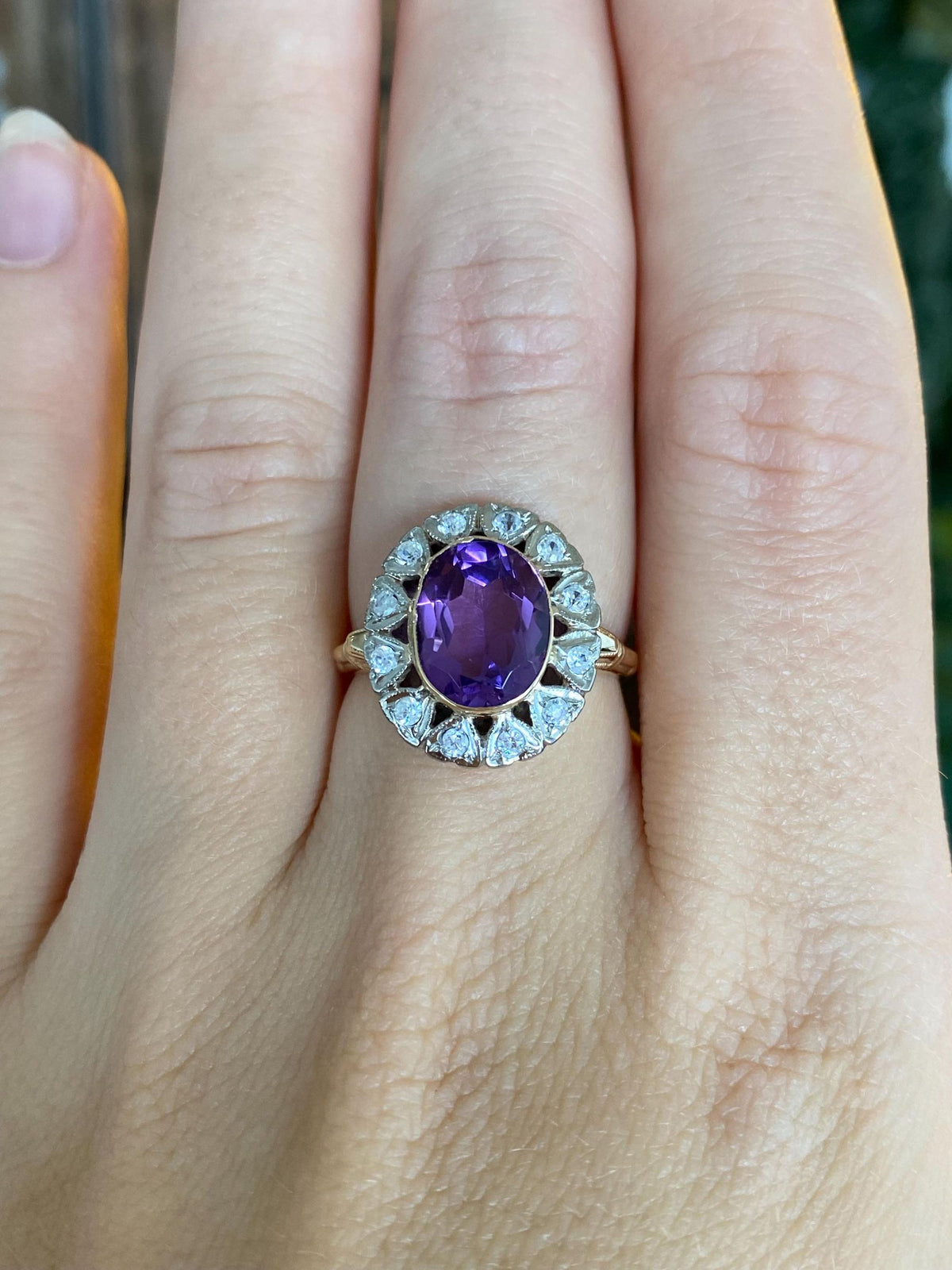 Vintage Solid 10k White & Yellow Gold Clear Spinel Halo Amethyst Ring - Size 6.5