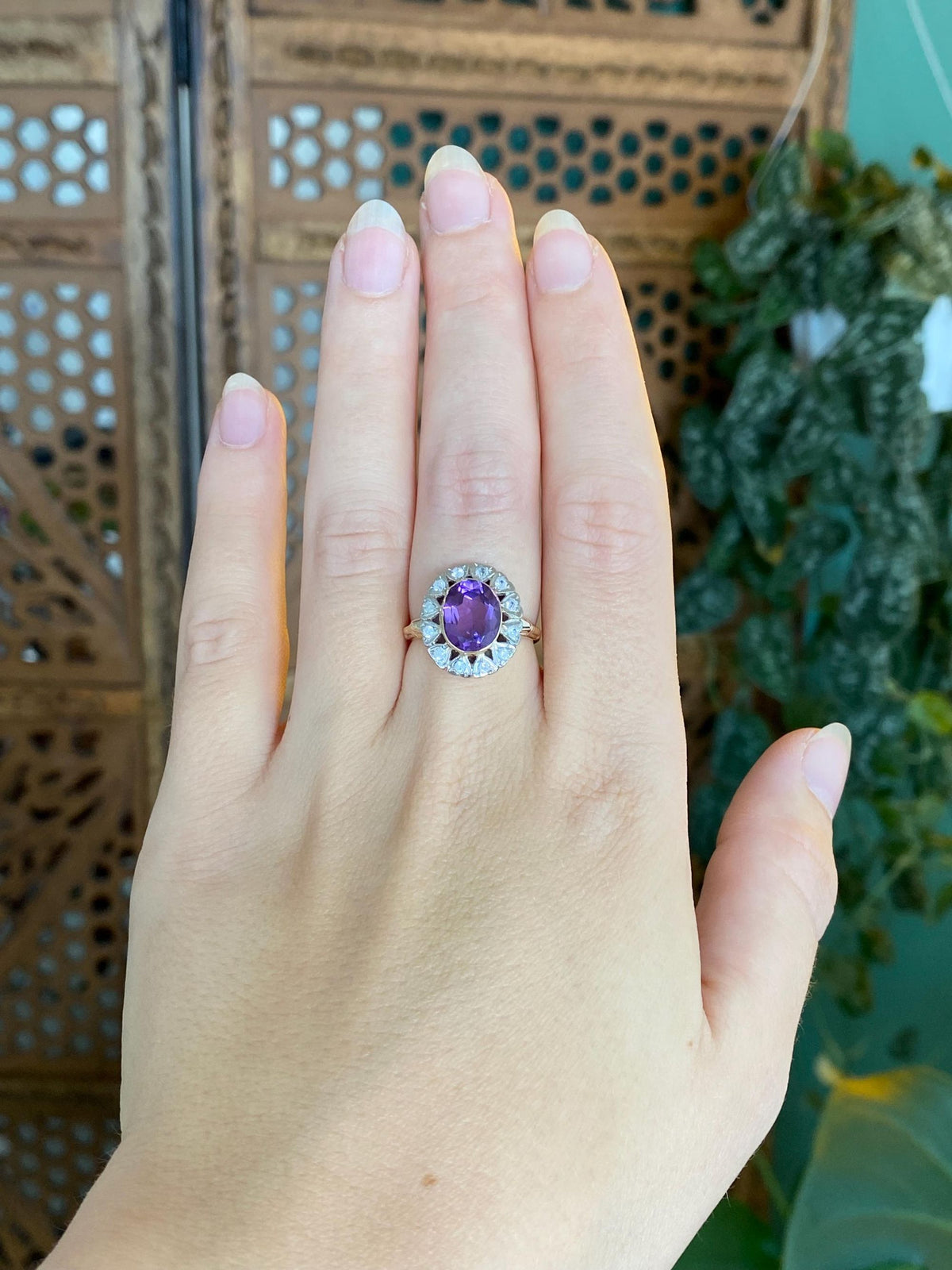 Vintage Solid 10k White & Yellow Gold Clear Spinel Halo Amethyst Ring - Size 6.5