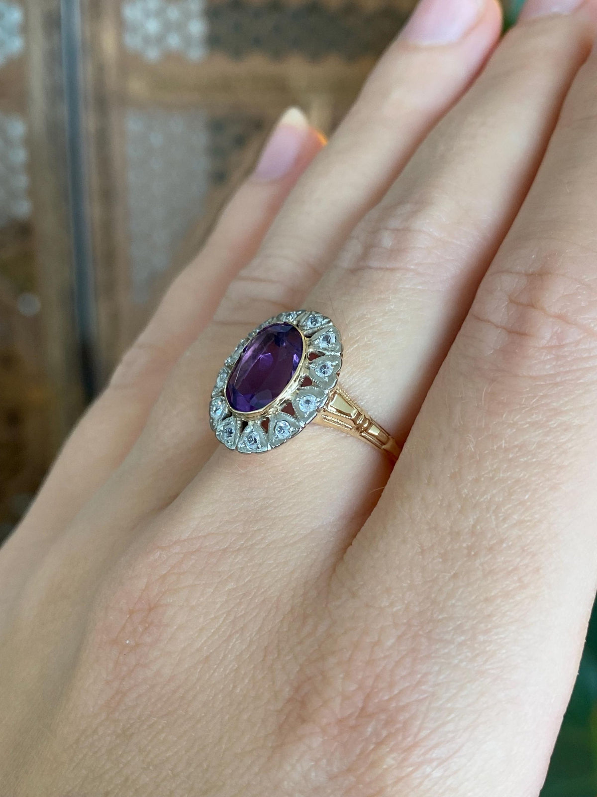 Vintage Solid 10k White & Yellow Gold Clear Spinel Halo Amethyst Ring - Size 6.5