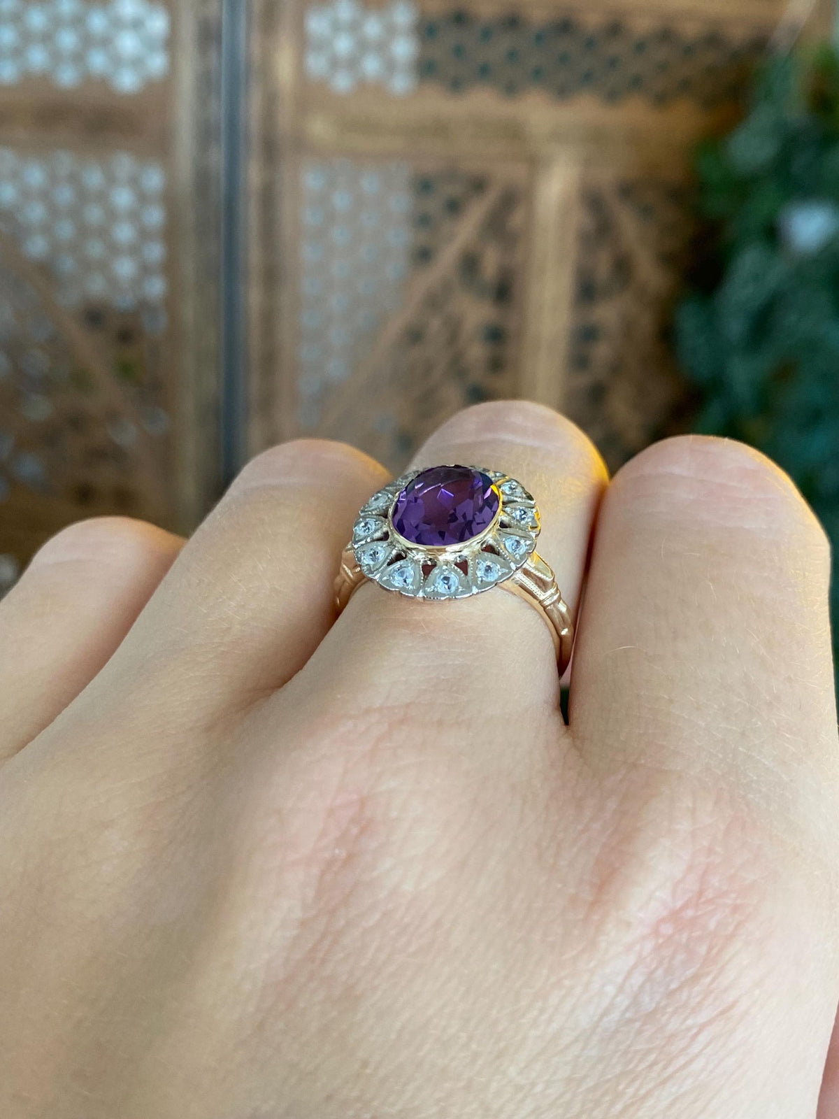 Vintage Solid 10k White & Yellow Gold Clear Spinel Halo Amethyst Ring - Size 6.5