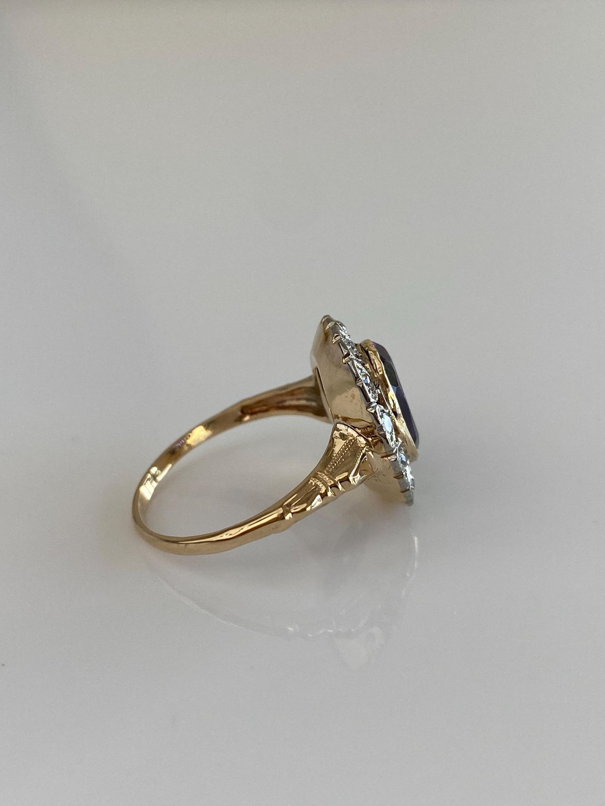 Vintage Solid 10k White & Yellow Gold Clear Spinel Halo Amethyst Ring - Size 6.5