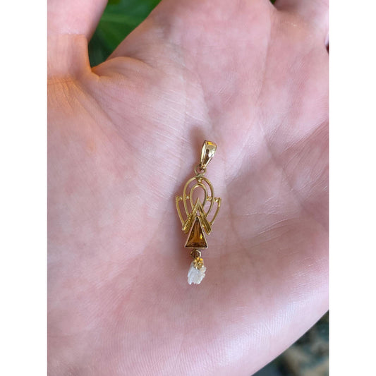 Vintage Solid 10k Yellow Gold Orange Cubic Zirconia Pearl Dangle Charm