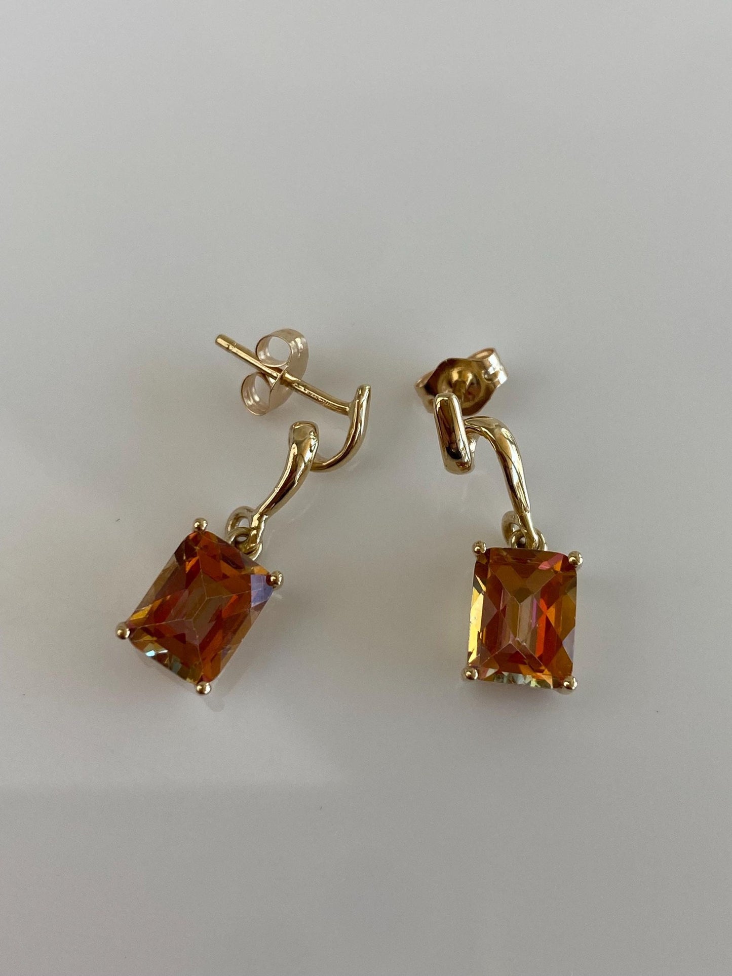 Vintage Solid 14k Yellow Gold Pink Orange Mystic Topaz Dangle Stud Earrings