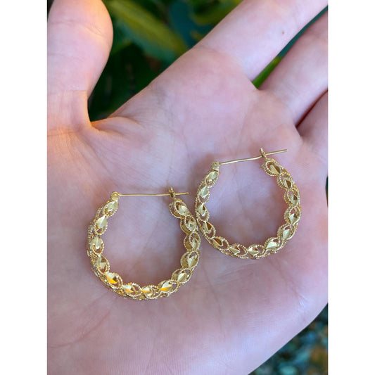 Vintage Solid 14k Yellow Gold Diamond Cut Open Work Hoop Earrings