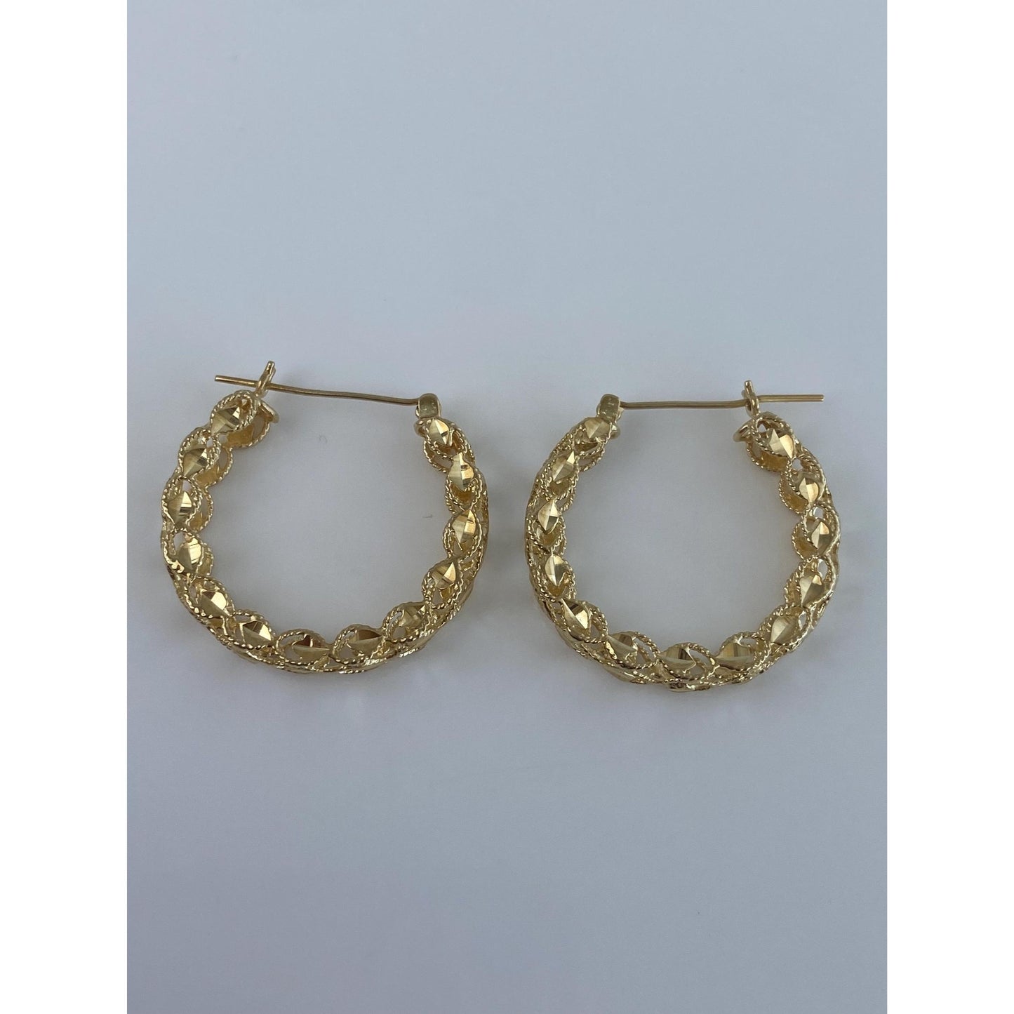 Vintage Solid 14k Yellow Gold Diamond Cut Open Work Hoop Earrings