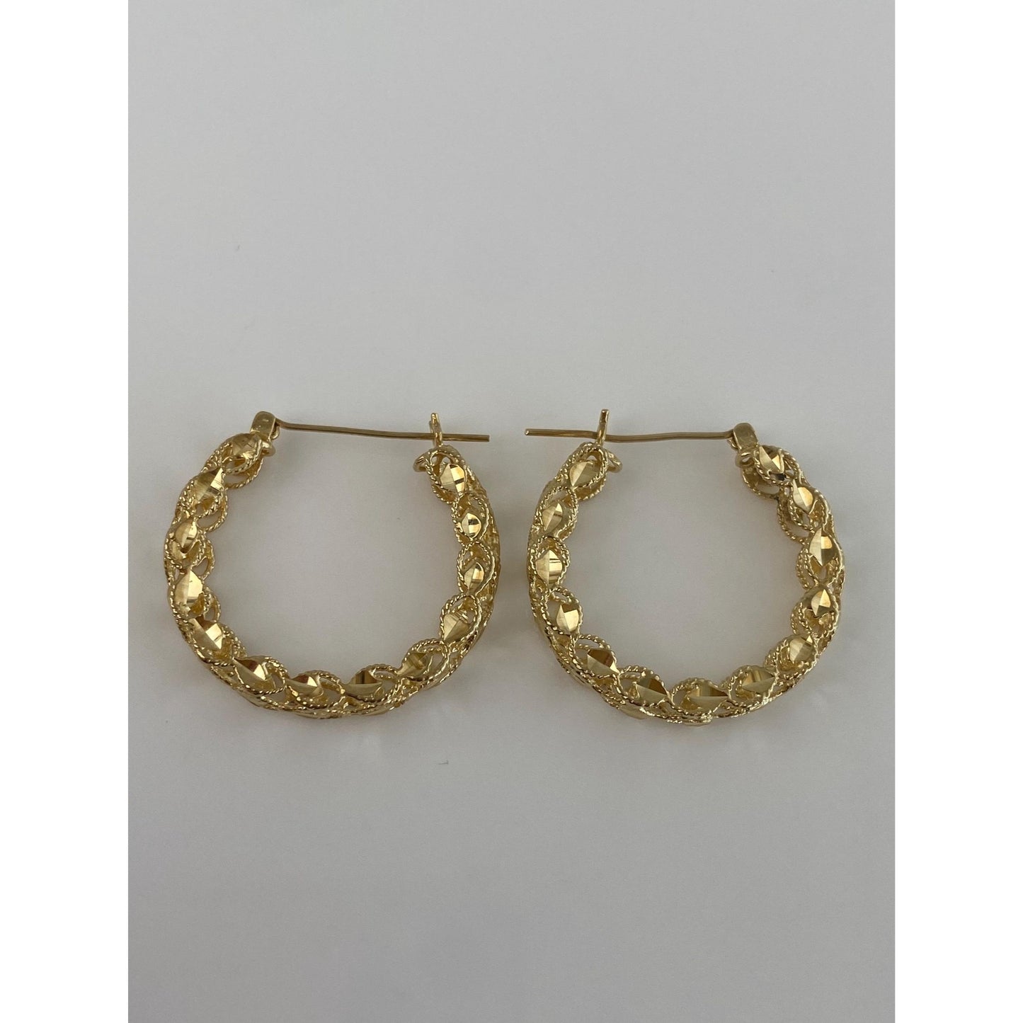 Vintage Solid 14k Yellow Gold Diamond Cut Open Work Hoop Earrings