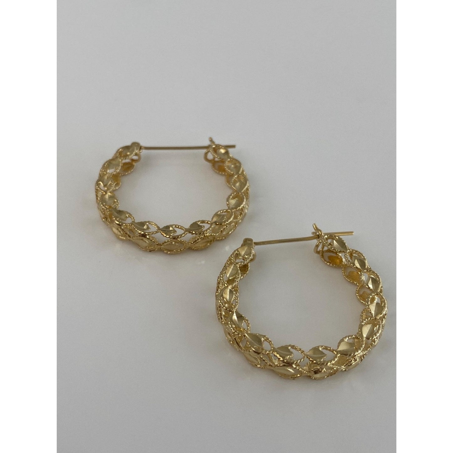 Vintage Solid 14k Yellow Gold Diamond Cut Open Work Hoop Earrings