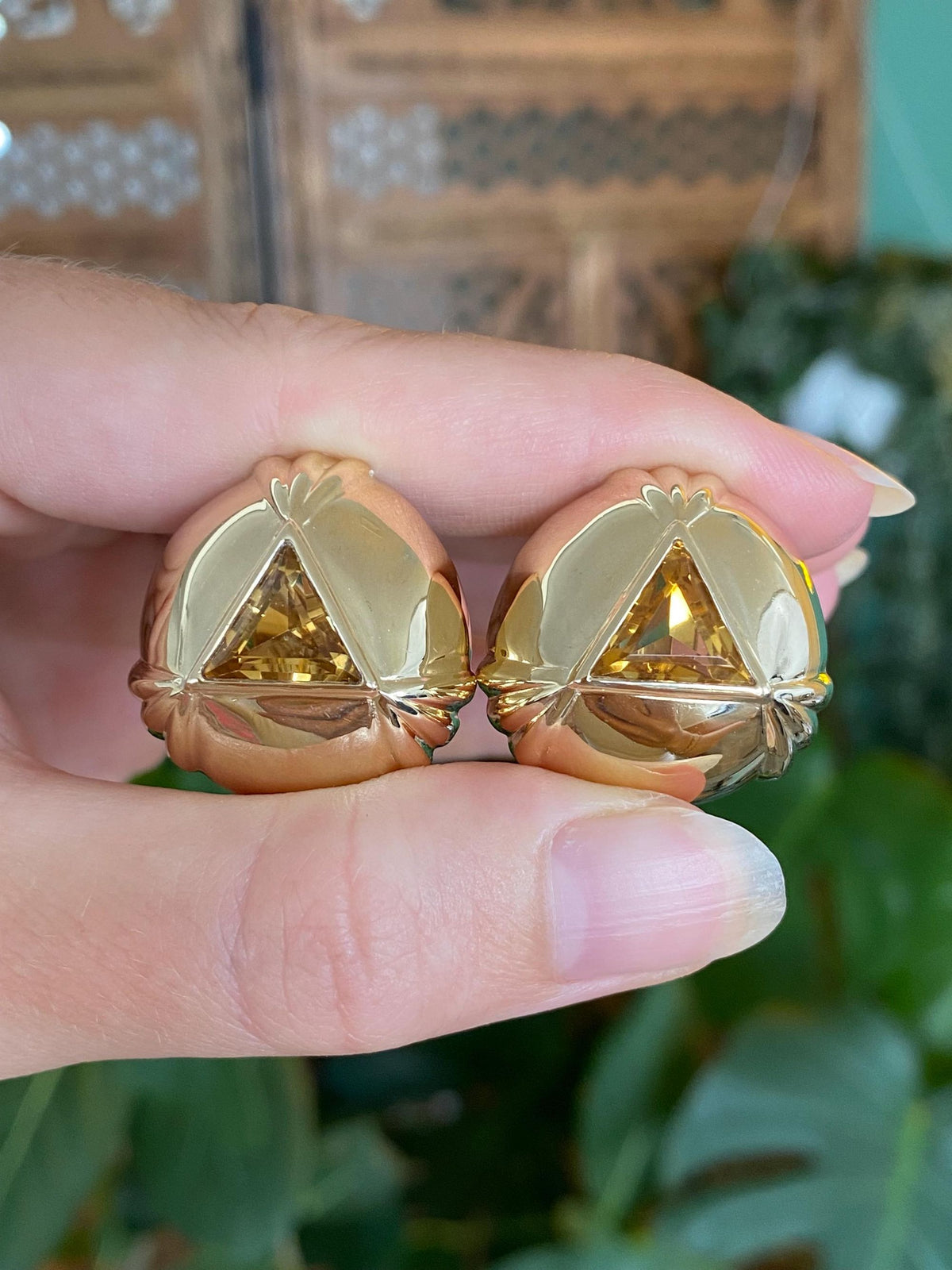 Solid 14k Yellow Gold Citrine Triangle Drop Earrings