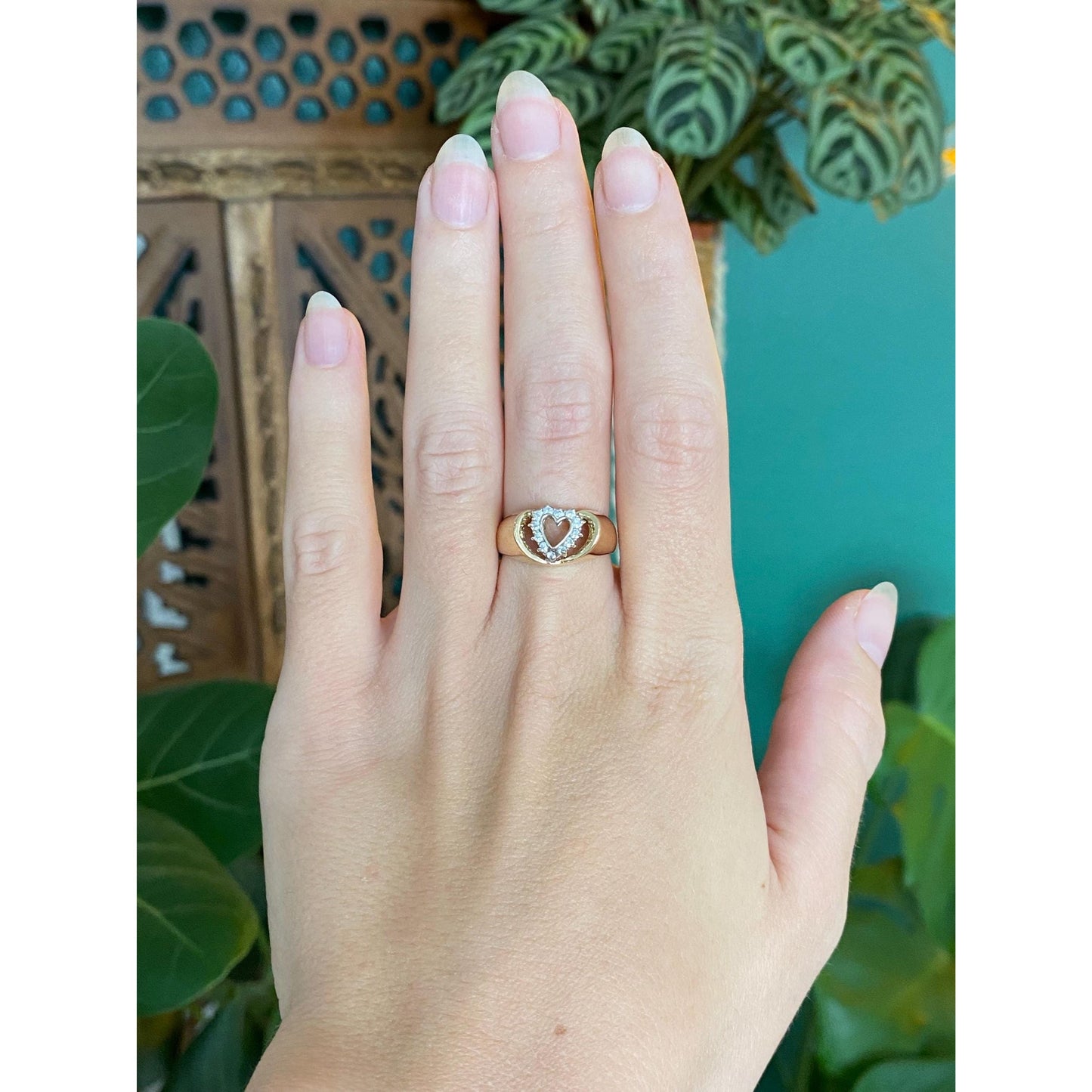 Vintage Solid 14k White & Yellow Gold Cubic Zirconia Heart Ring Band - Size 6.5