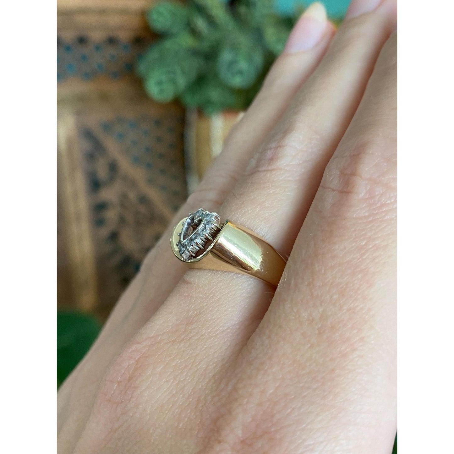 Vintage Solid 14k White & Yellow Gold Cubic Zirconia Heart Ring Band - Size 6.5