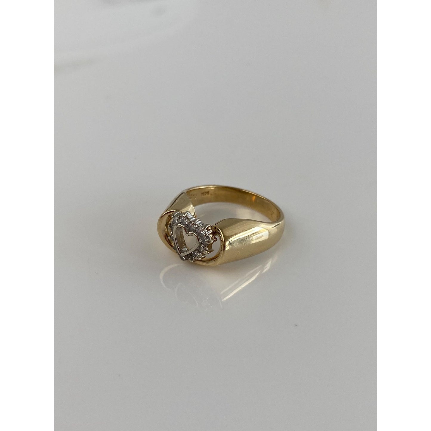 Vintage Solid 14k White & Yellow Gold Cubic Zirconia Heart Ring Band - Size 6.5