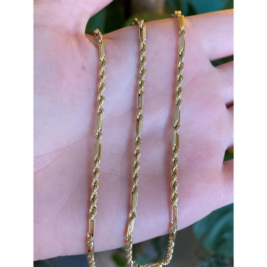 Vintage Solid 14k Yellow Gold Rope Figaro Chain Necklace - 22.25 inches