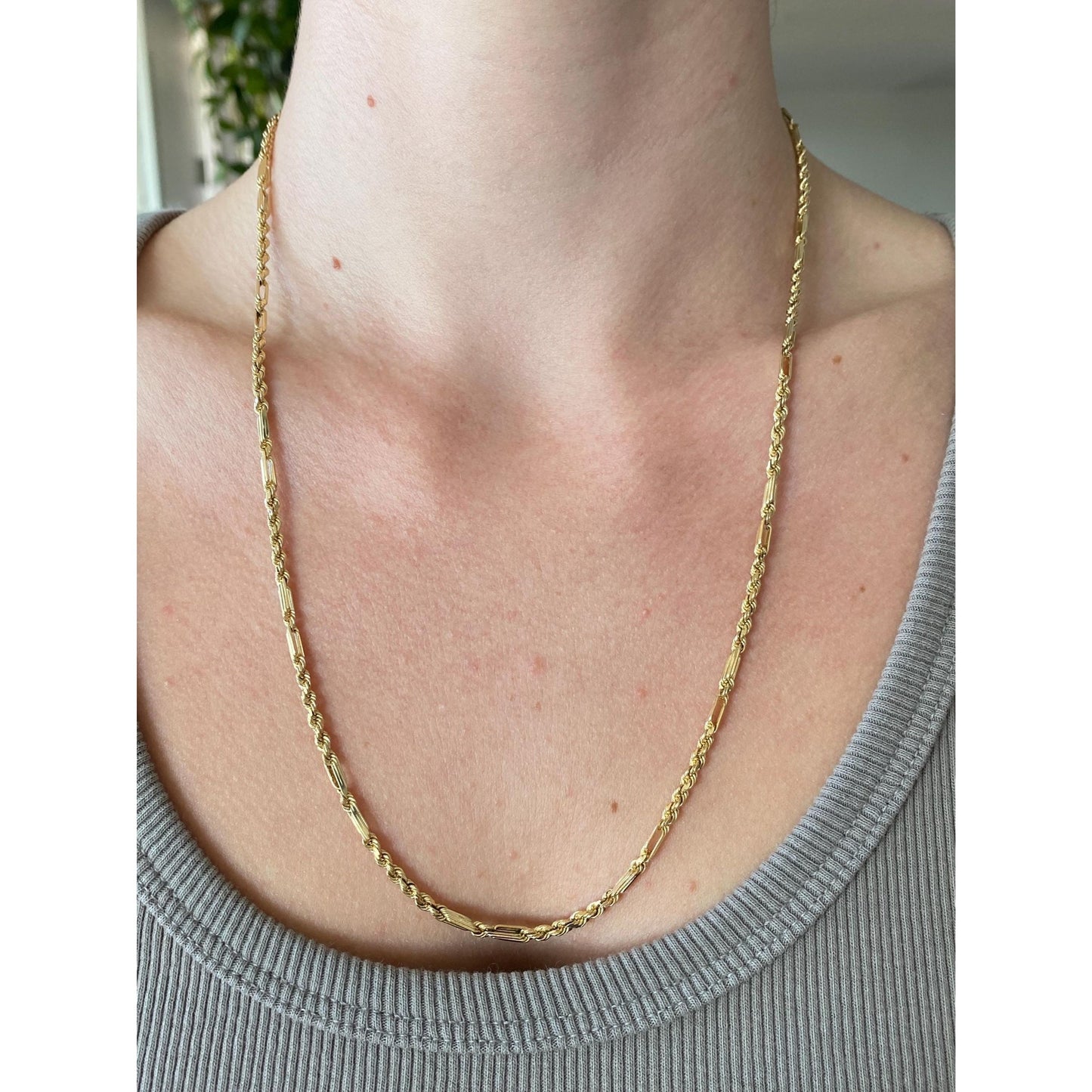Vintage Solid 14k Yellow Gold Rope Figaro Chain Necklace - 22.25 inches