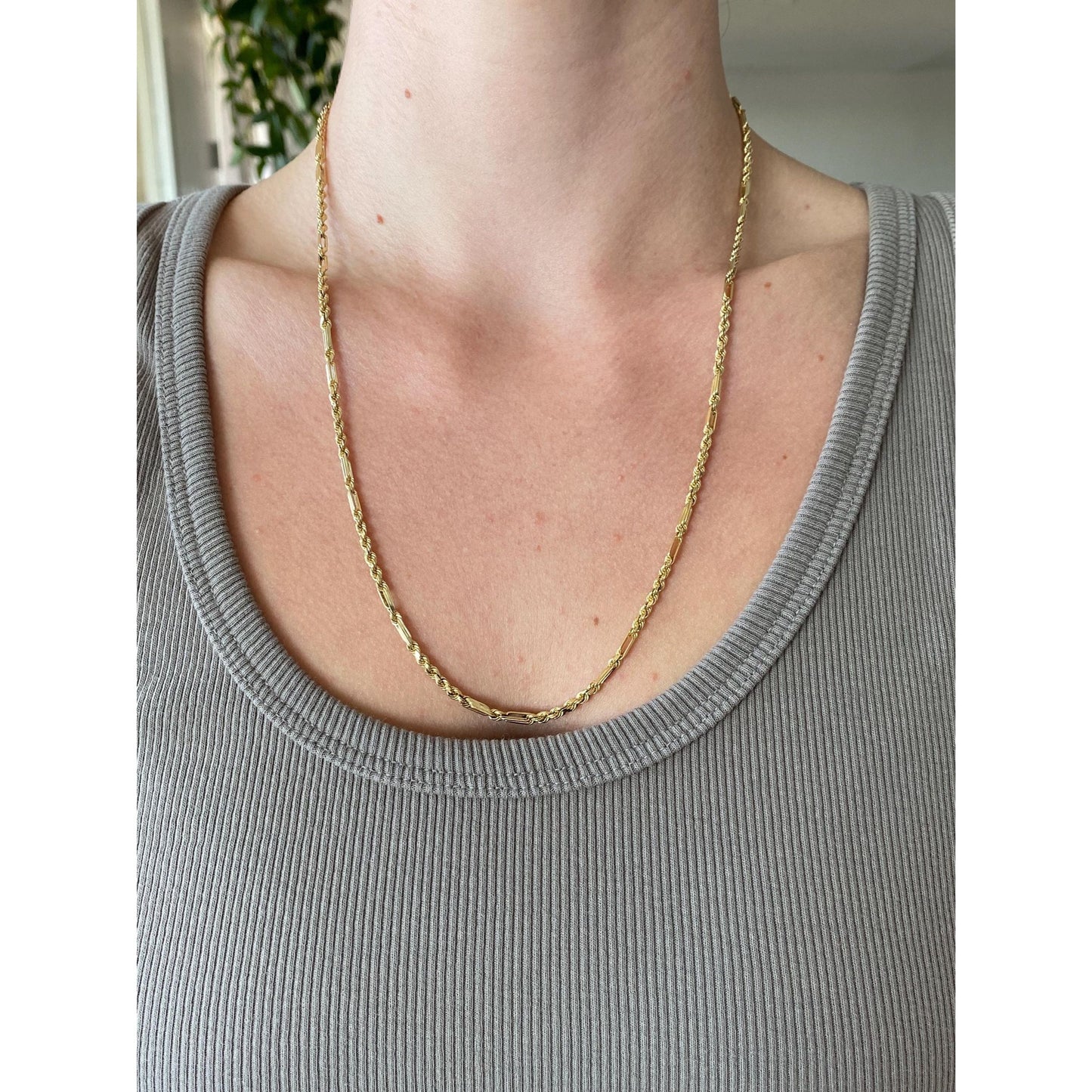 Vintage Solid 14k Yellow Gold Rope Figaro Chain Necklace - 22.25 inches