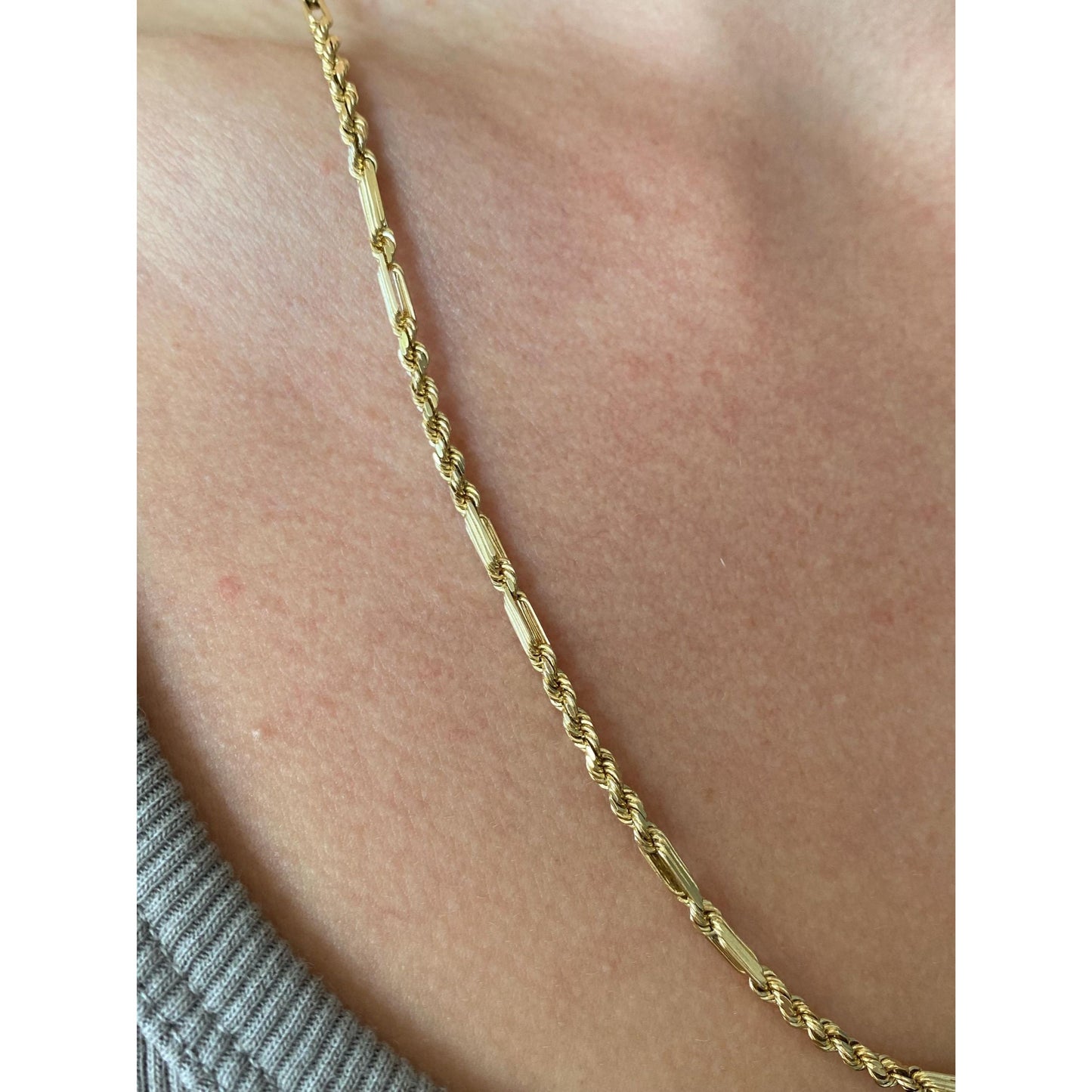 Vintage Solid 14k Yellow Gold Rope Figaro Chain Necklace - 22.25 inches