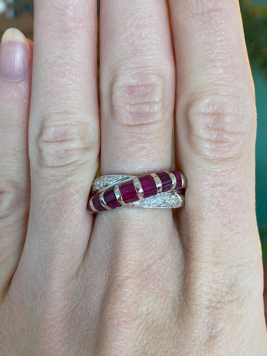 Vintage Solid 14k White Gold Pink Sapphire Diamond Twist Ring - Size 8.5