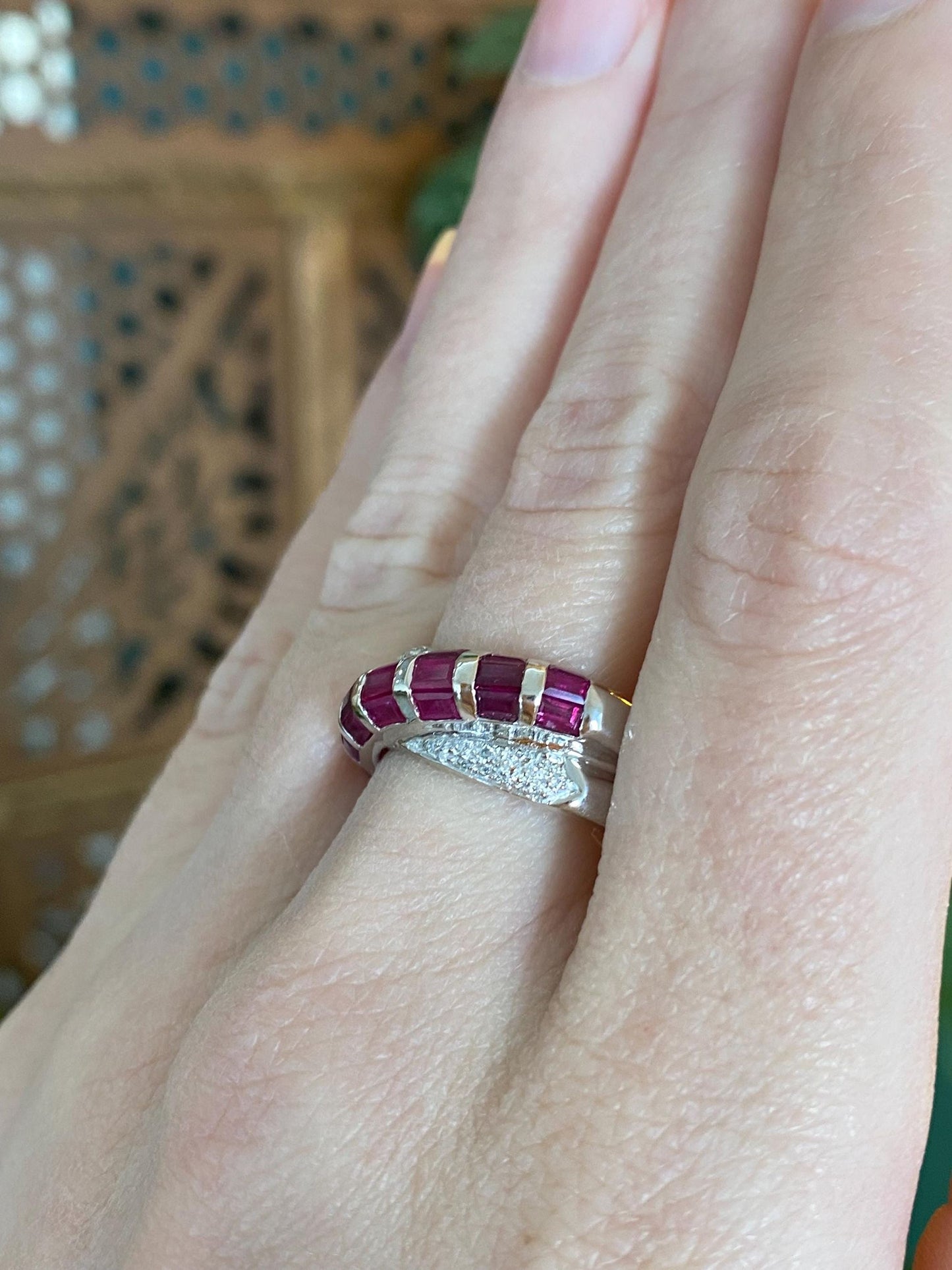 Vintage Solid 14k White Gold Pink Sapphire Diamond Twist Ring - Size 8.5