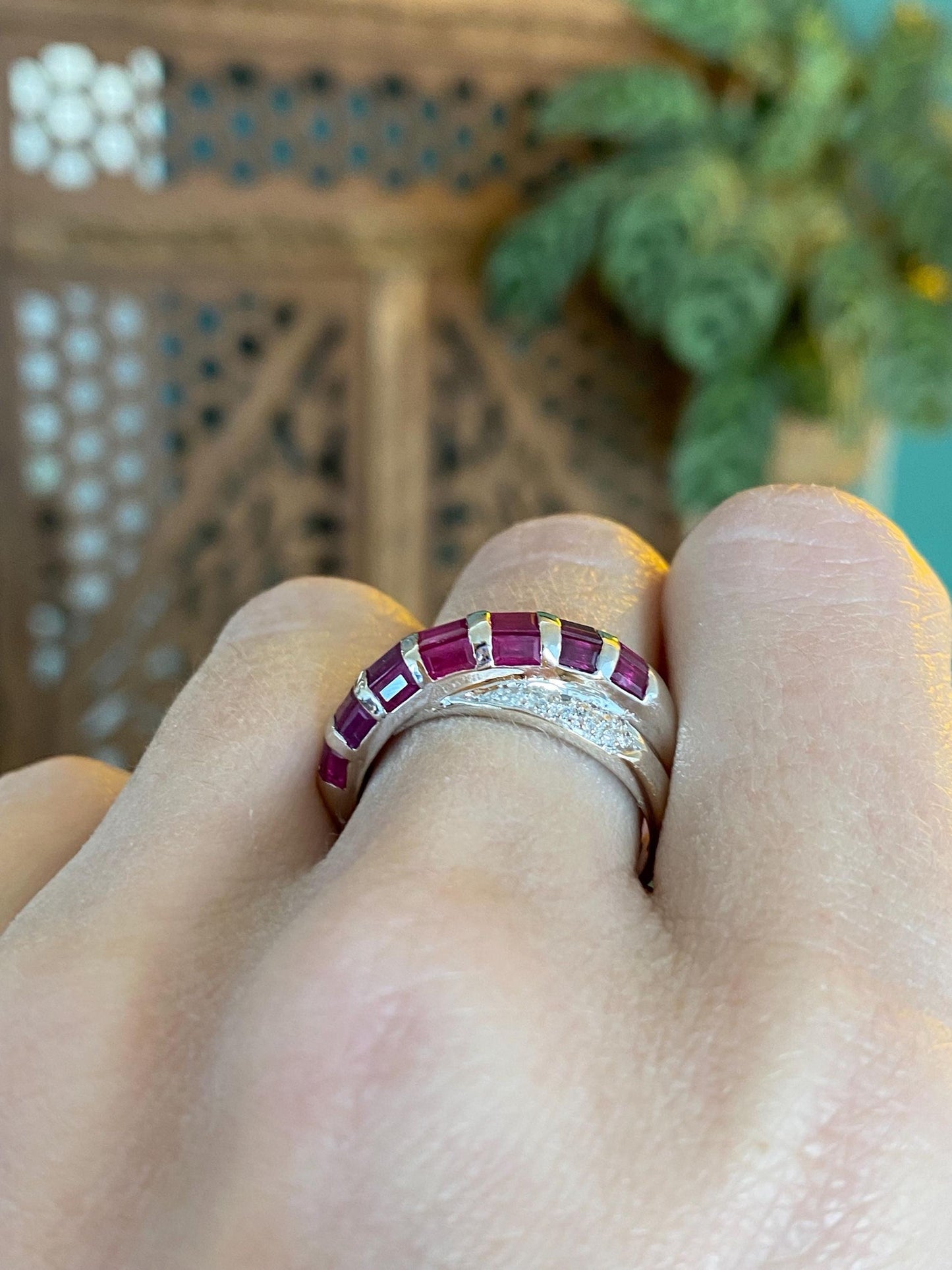 Vintage Solid 14k White Gold Pink Sapphire Diamond Twist Ring - Size 8.5