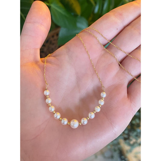 Vintage Solid 14k Yellow Gold Pearls Gold Ball Dainty Chain Necklace - 15.5 inches