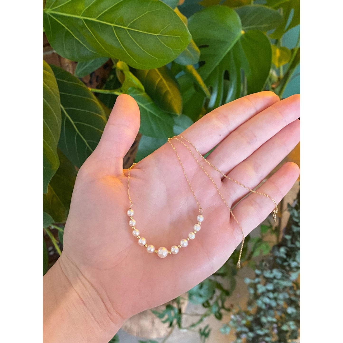 Vintage Solid 14k Yellow Gold Pearls Gold Ball Dainty Chain Necklace - 15.5 inches