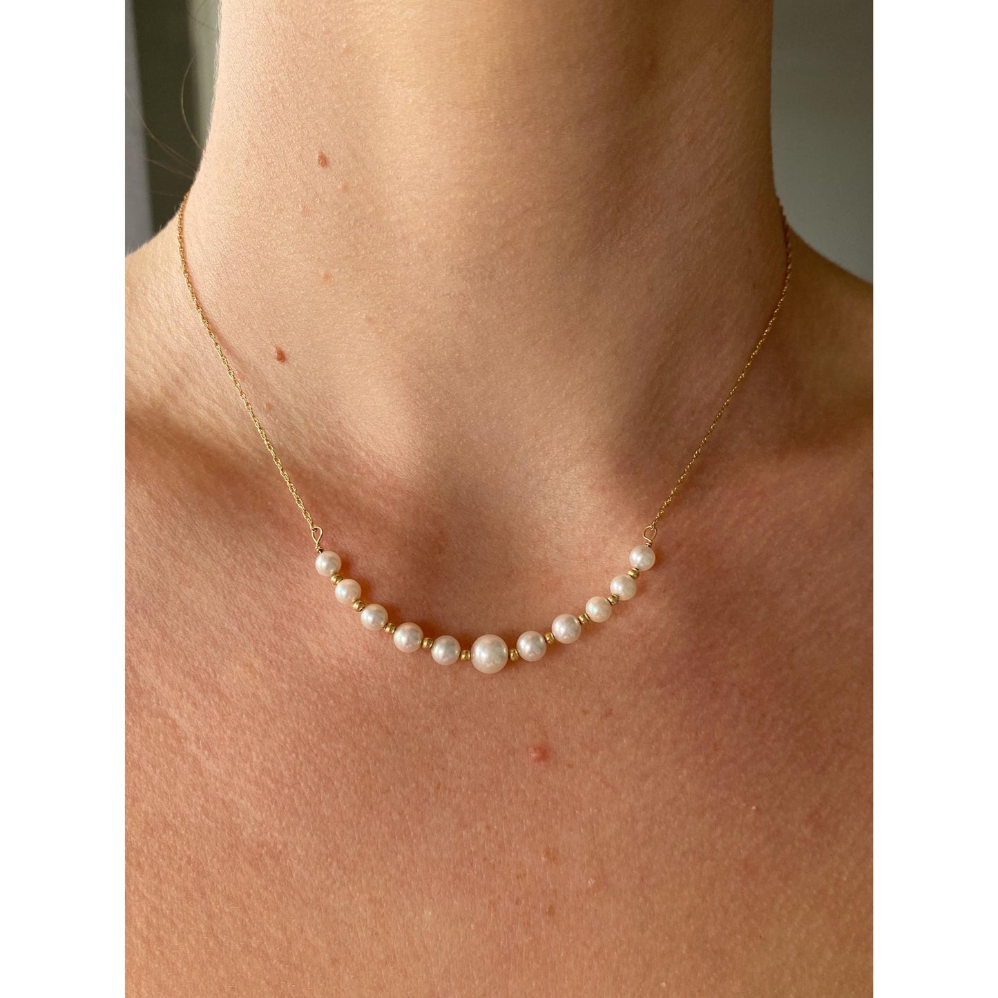 Vintage Solid 14k Yellow Gold Pearls Gold Ball Dainty Chain Necklace - 15.5 inches