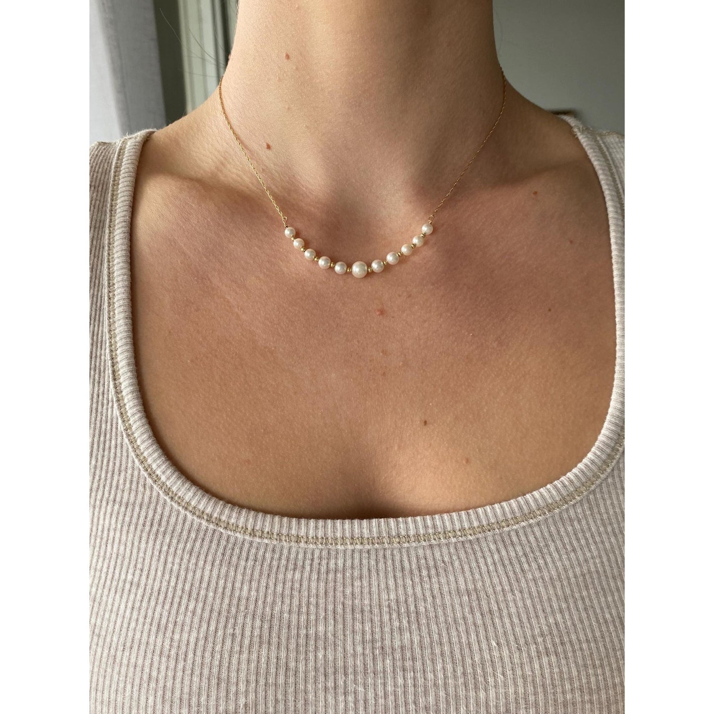 Vintage Solid 14k Yellow Gold Pearls Gold Ball Dainty Chain Necklace - 15.5 inches