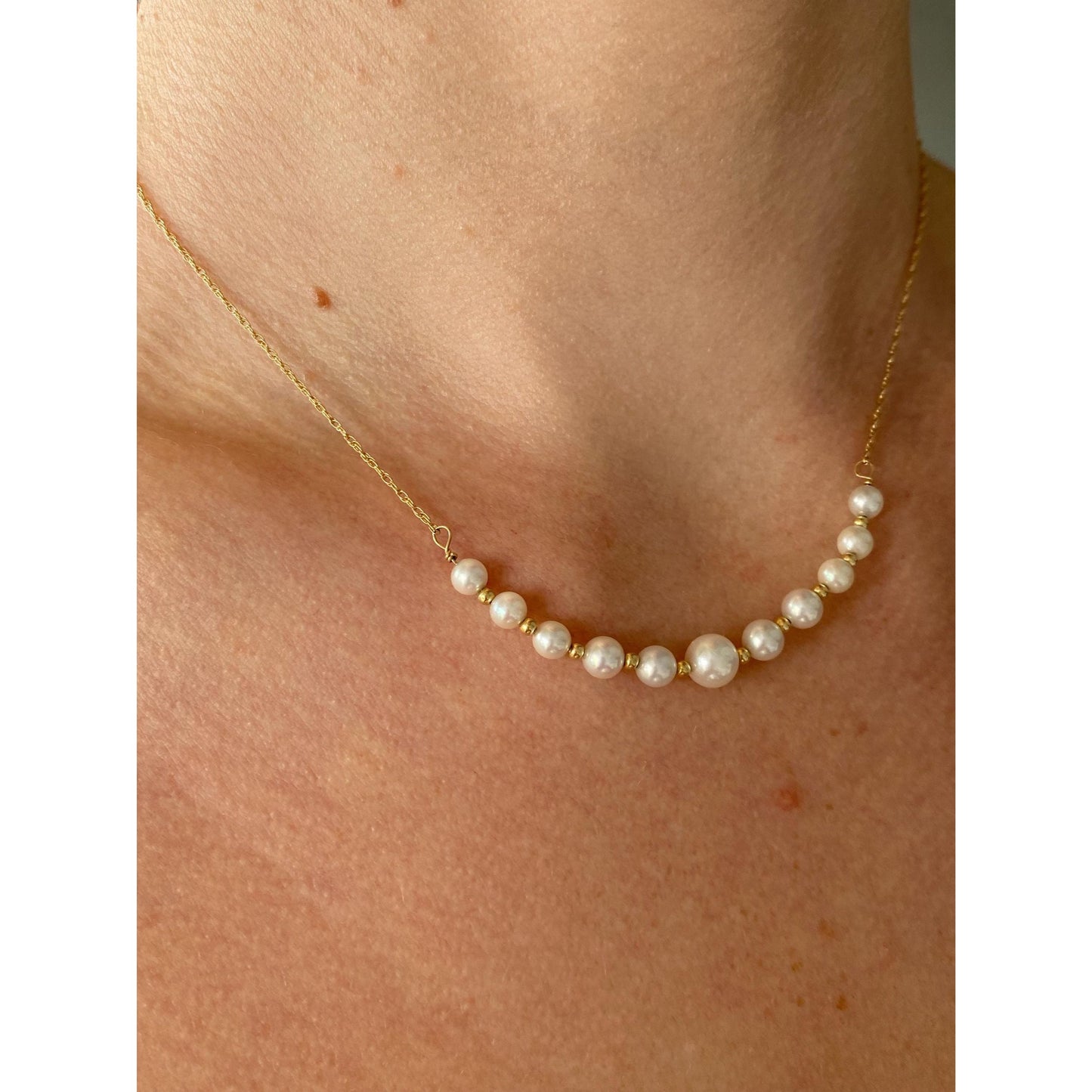 Vintage Solid 14k Yellow Gold Pearls Gold Ball Dainty Chain Necklace - 15.5 inches