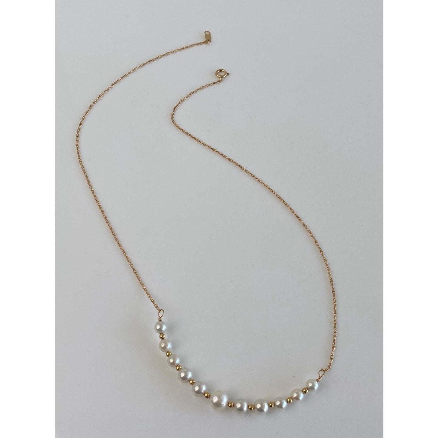 Vintage Solid 14k Yellow Gold Pearls Gold Ball Dainty Chain Necklace - 15.5 inches