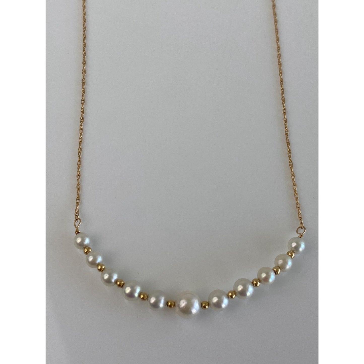 Vintage Solid 14k Yellow Gold Pearls Gold Ball Dainty Chain Necklace - 15.5 inches